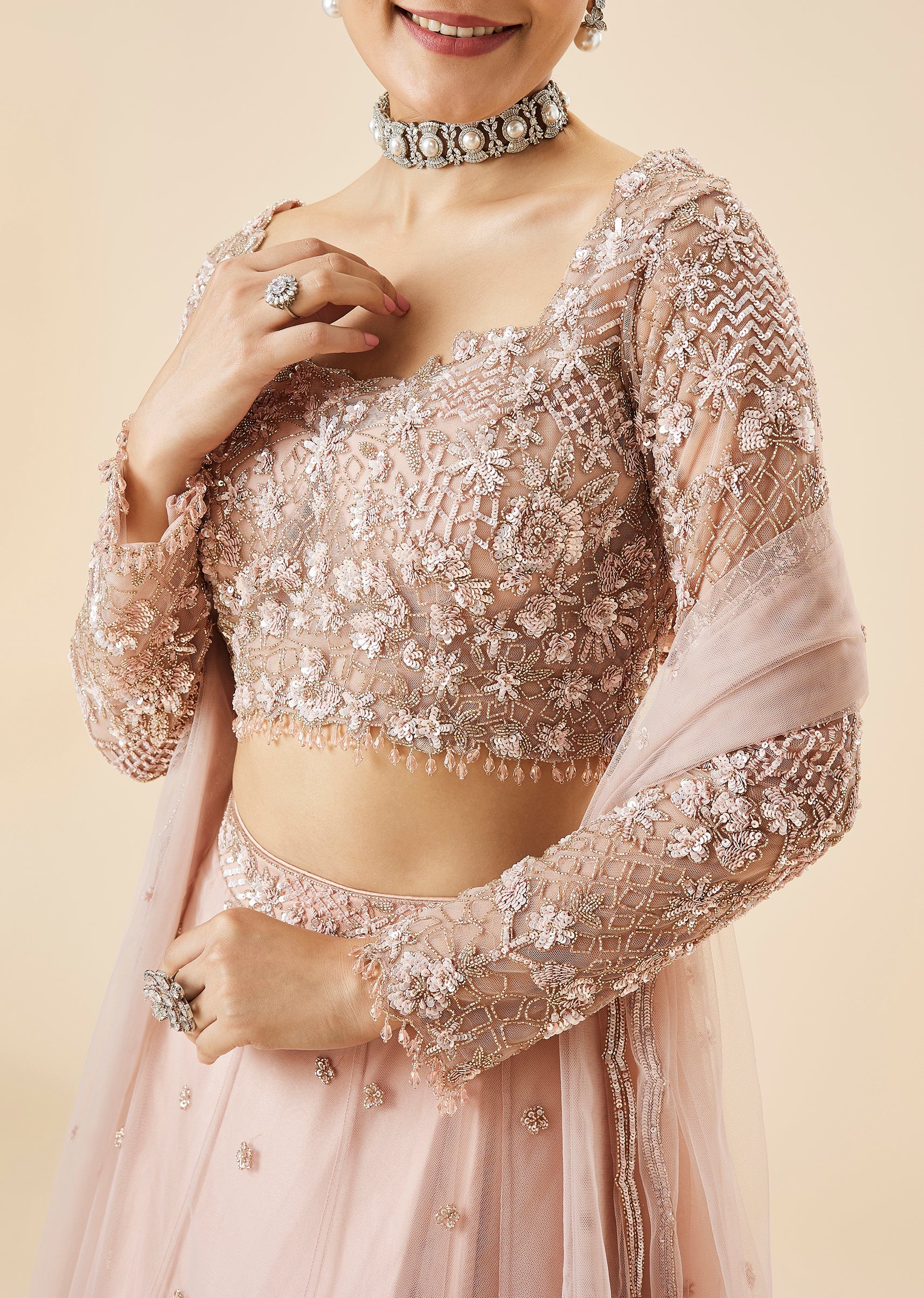 Peach Bridal Lehenga Set With Embroidered Motifs and Dupatta - Image 3
