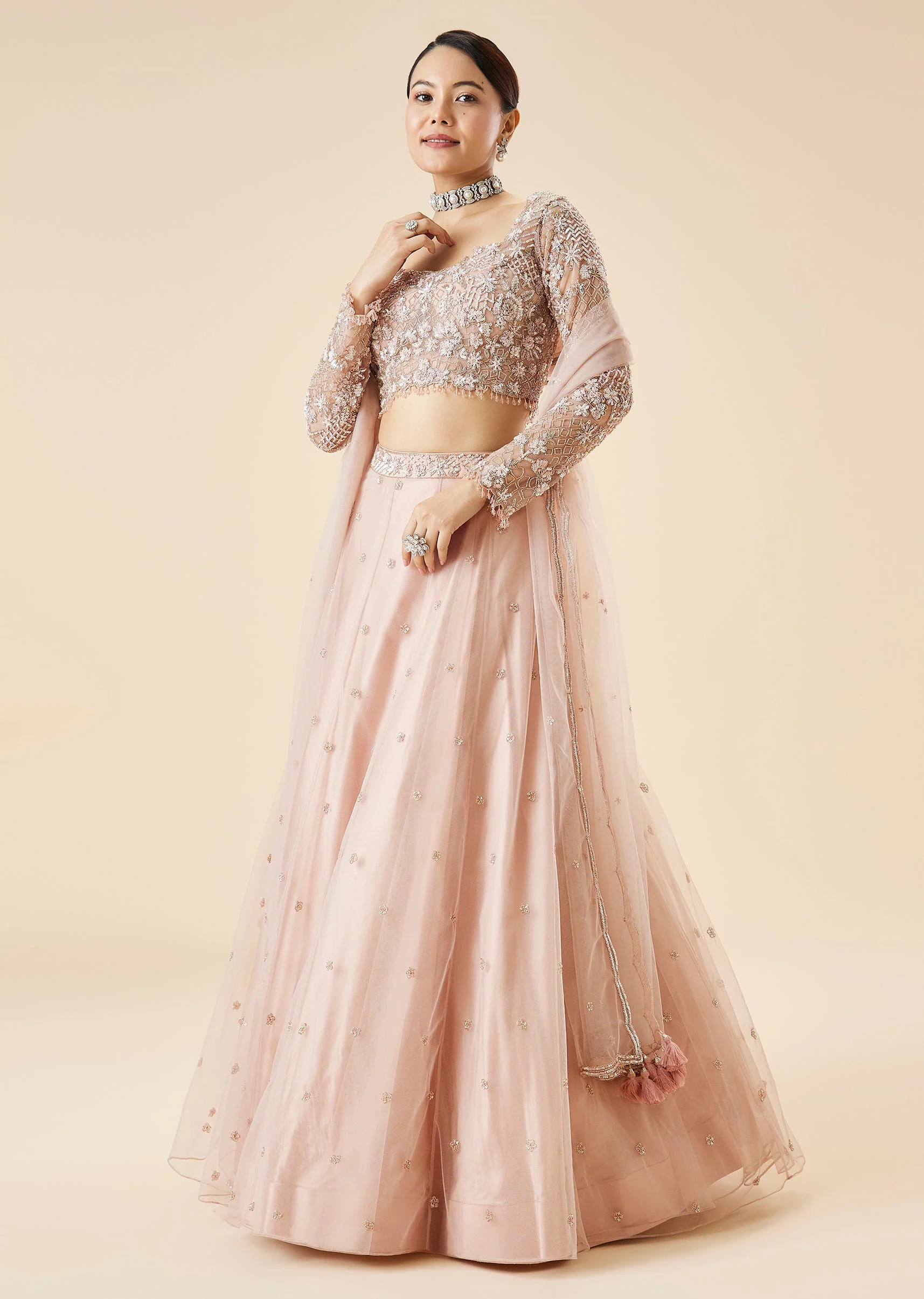 Peach Bridal Lehenga Set With Embroidered Motifs and Dupatta - Image 4