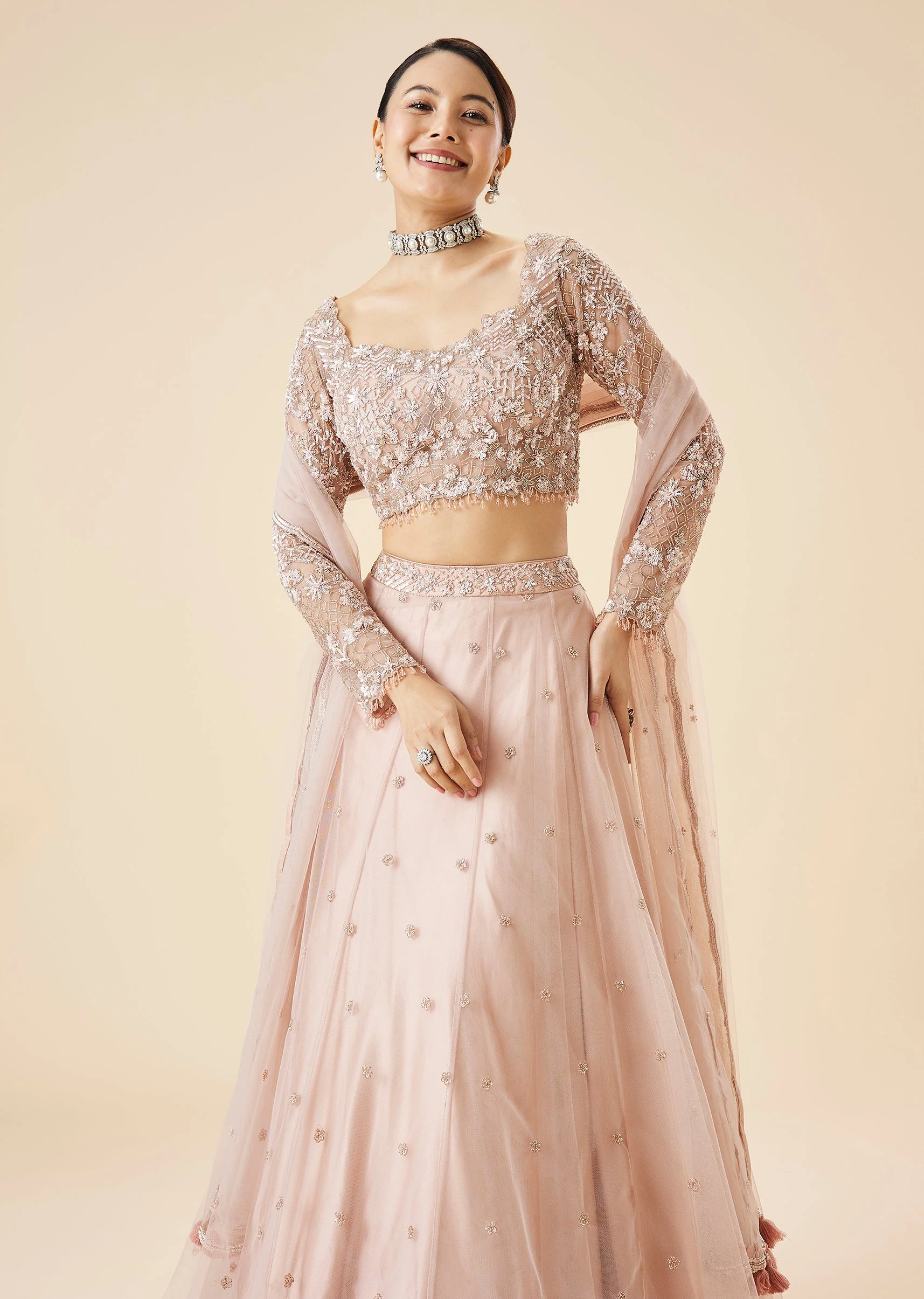 Peach Bridal Lehenga Set With Embroidered Motifs and Dupatta - Image 5