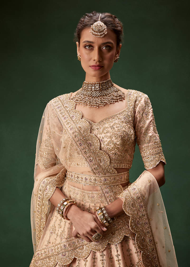 Peach Bridal Lehenga With Regal Embroidery And Single Dupatta Drape - Image 3