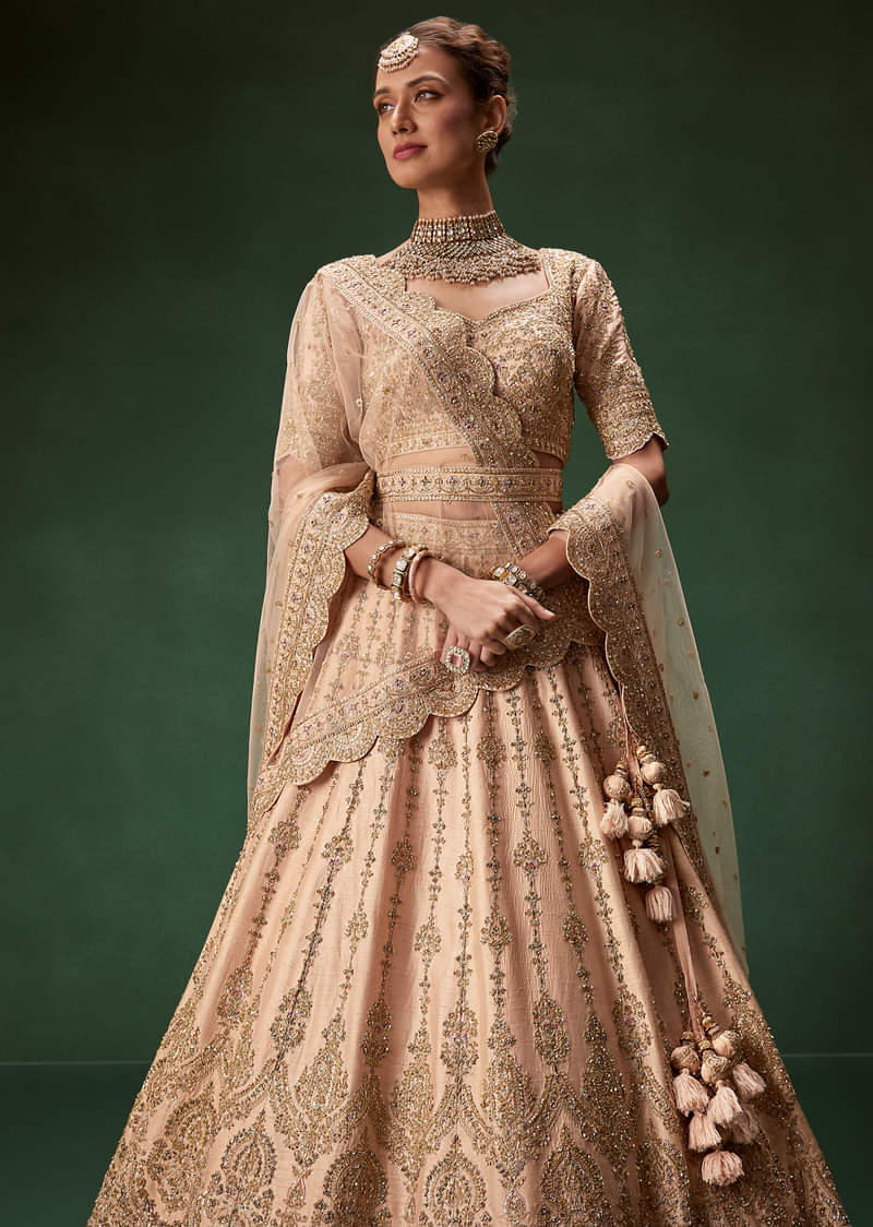Peach Bridal Lehenga With Regal Embroidery And Single Dupatta Drape - Image 5