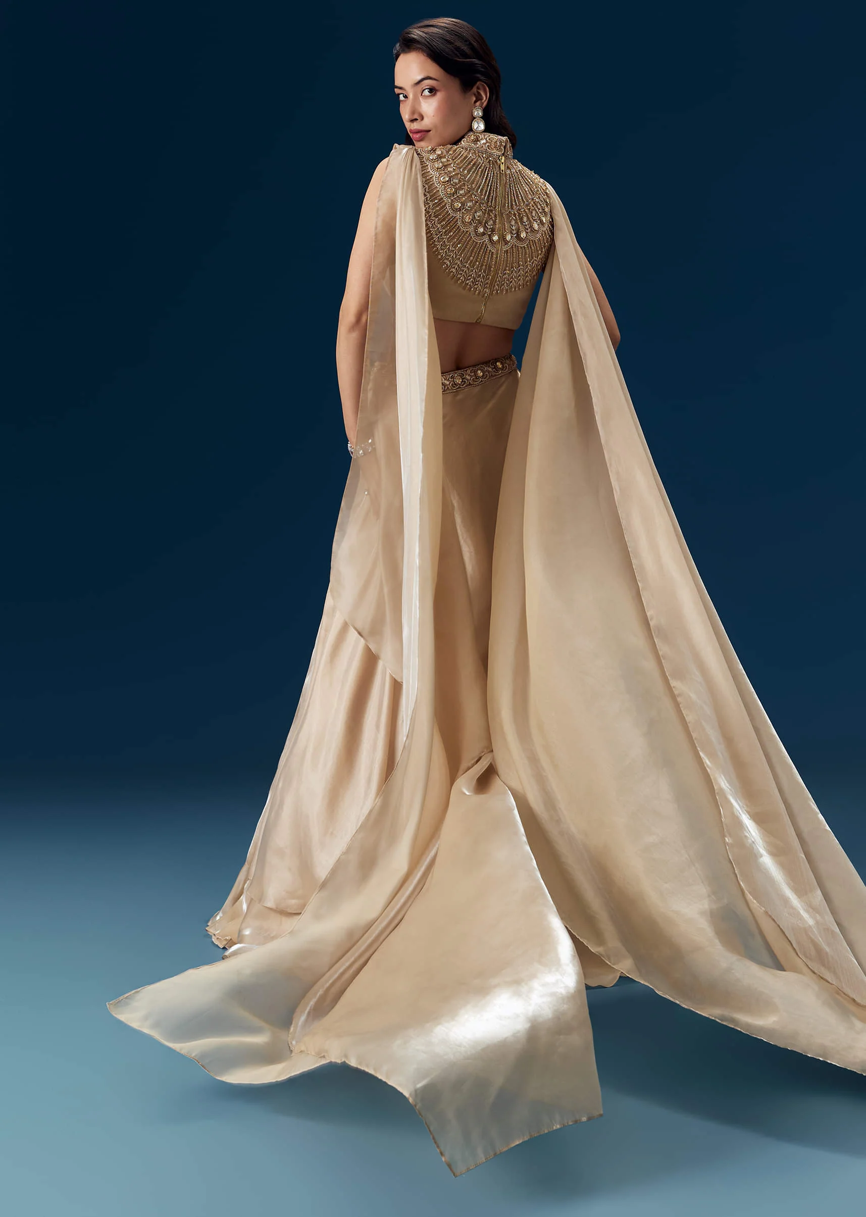 Peach Bridesmaid Organza Lehega with Cape - Image 2