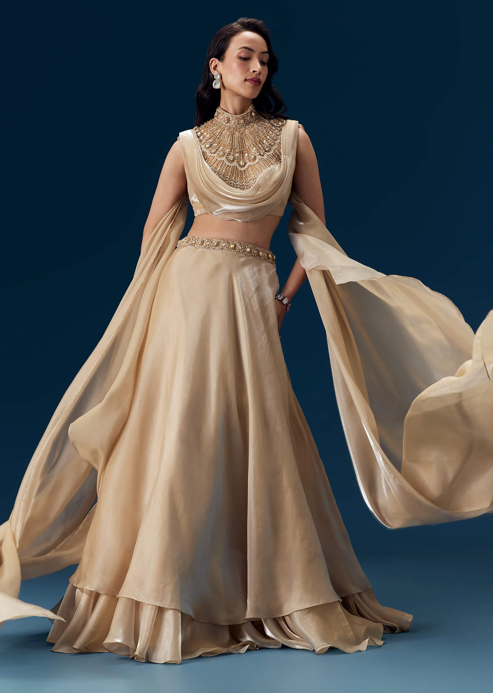 Peach Bridesmaid Organza Lehega with Cape - Image 4