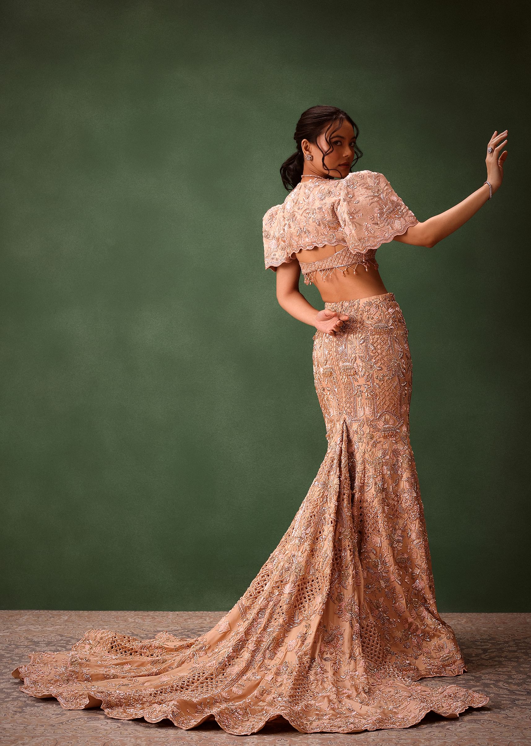 Peach Brocade Cutdana Work Jacket Skirt Suit - Image 3