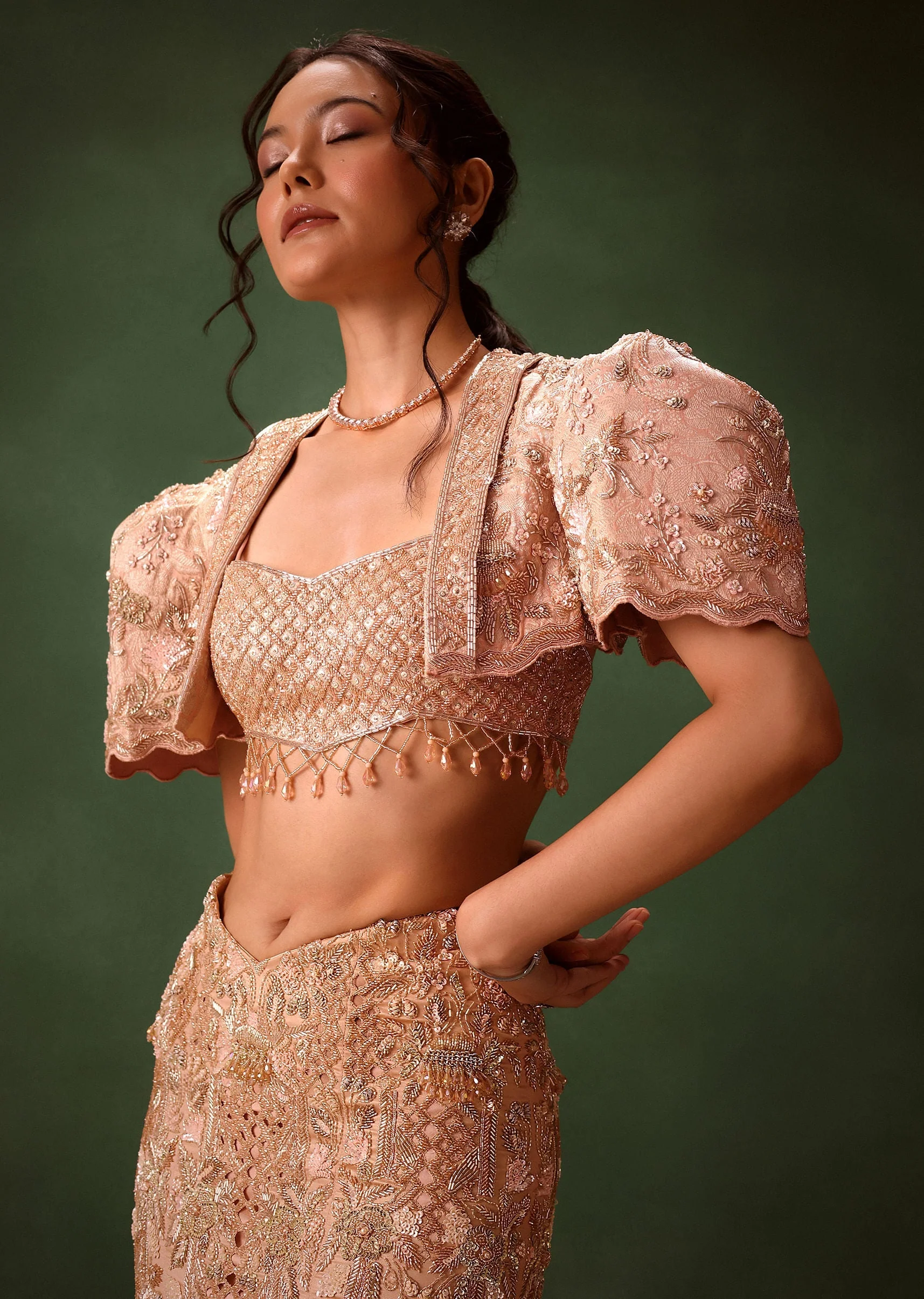 Peach Brocade Cutdana Work Jacket Skirt Suit - Image 5