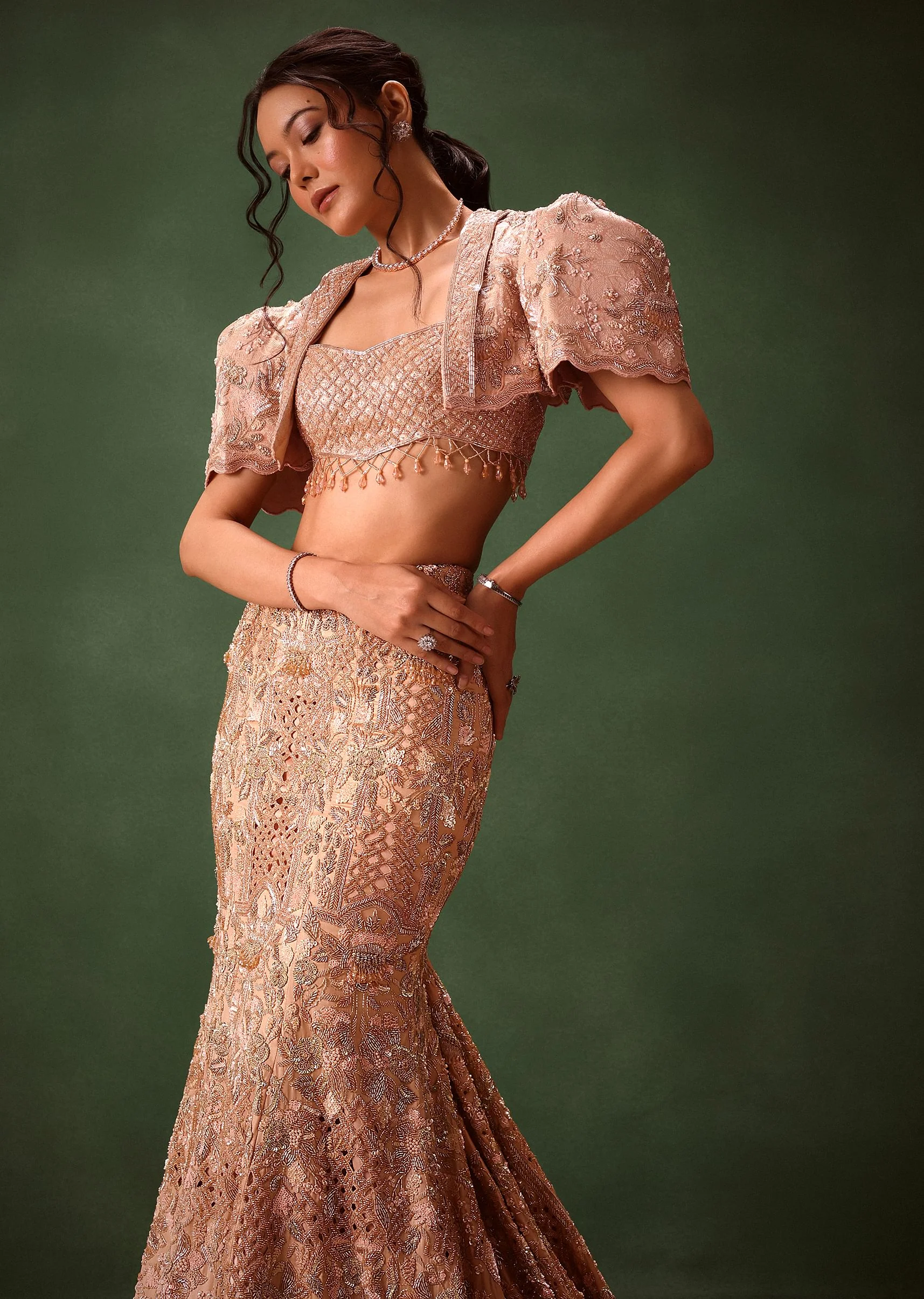 Peach Brocade Cutdana Work Jacket Skirt Suit - Image 6