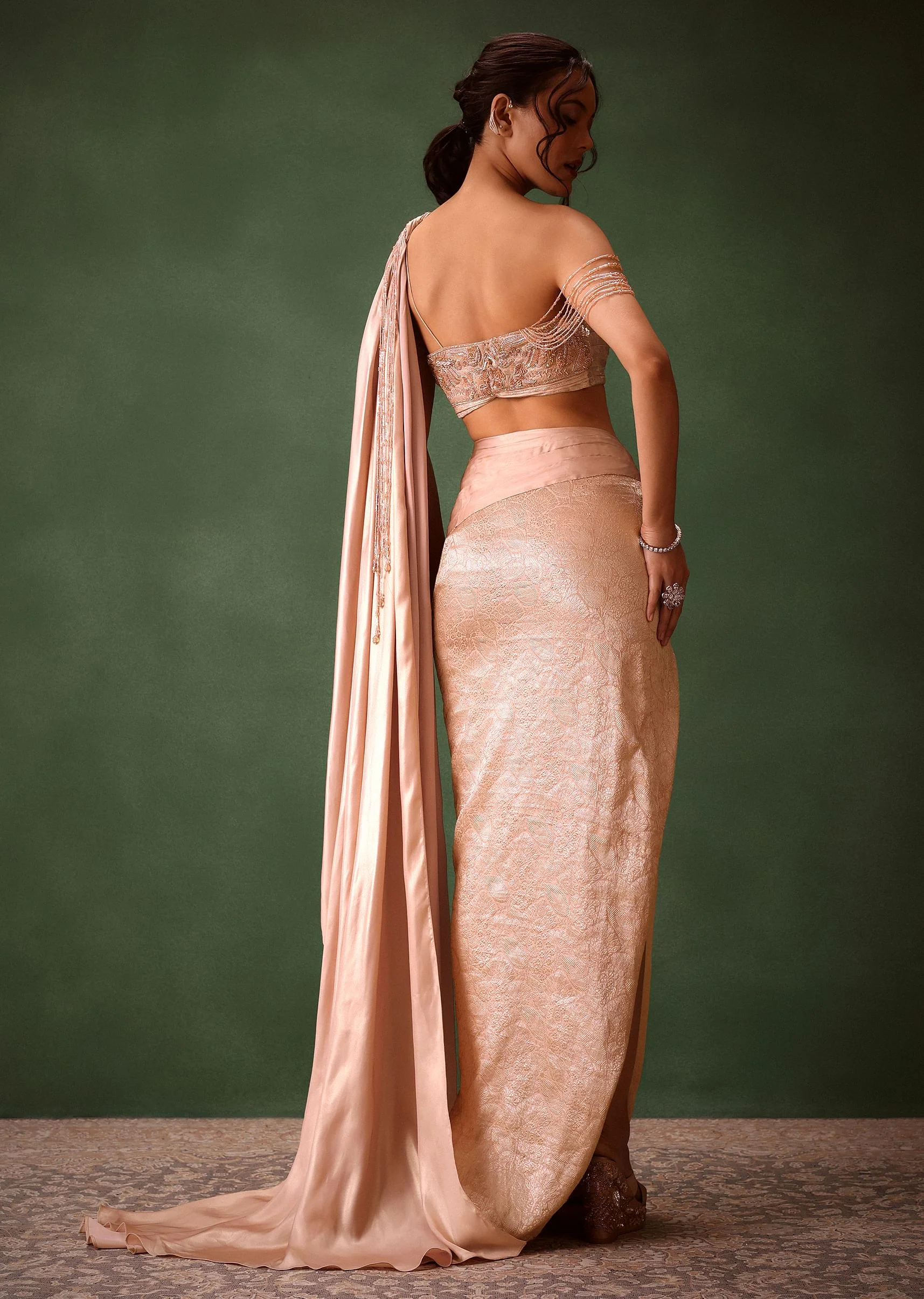 Peach Brocade Draped Skirt With Pleated One Shoulder Blouse - Image 2
