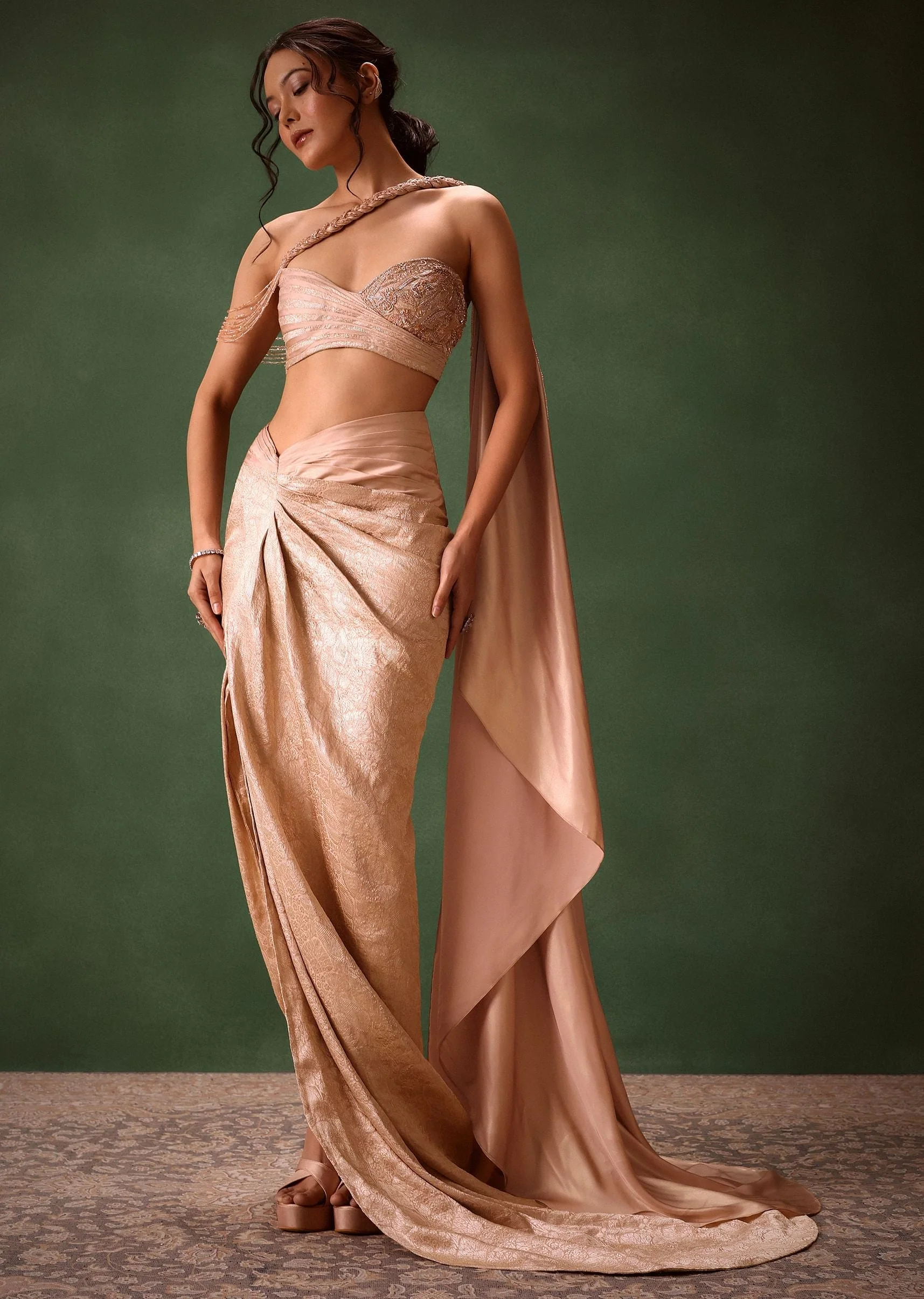 Peach Brocade Draped Skirt With Pleated One Shoulder Blouse - Image 3