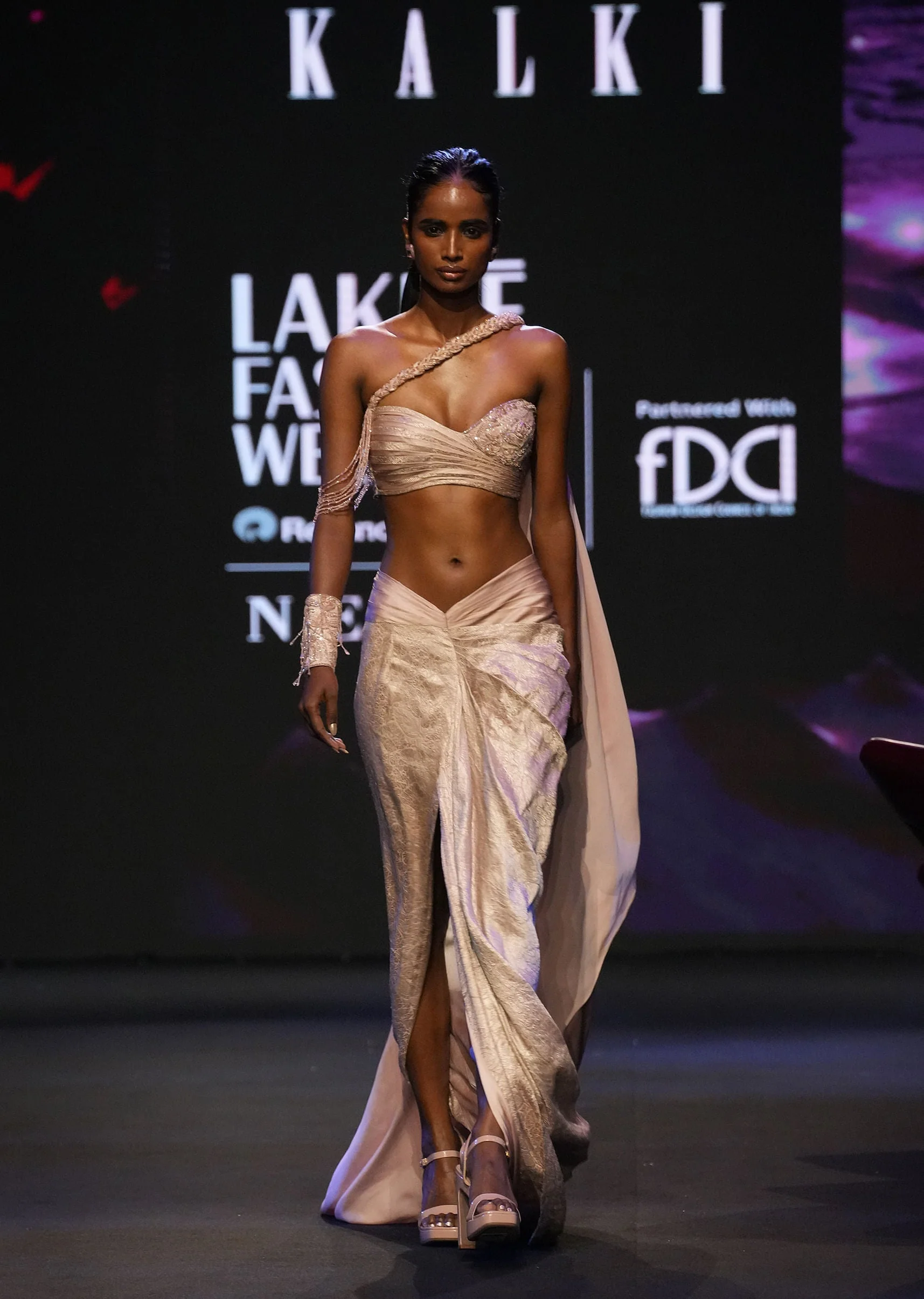 Peach Brocade Draped Skirt With Pleated One Shoulder Blouse - Image 6