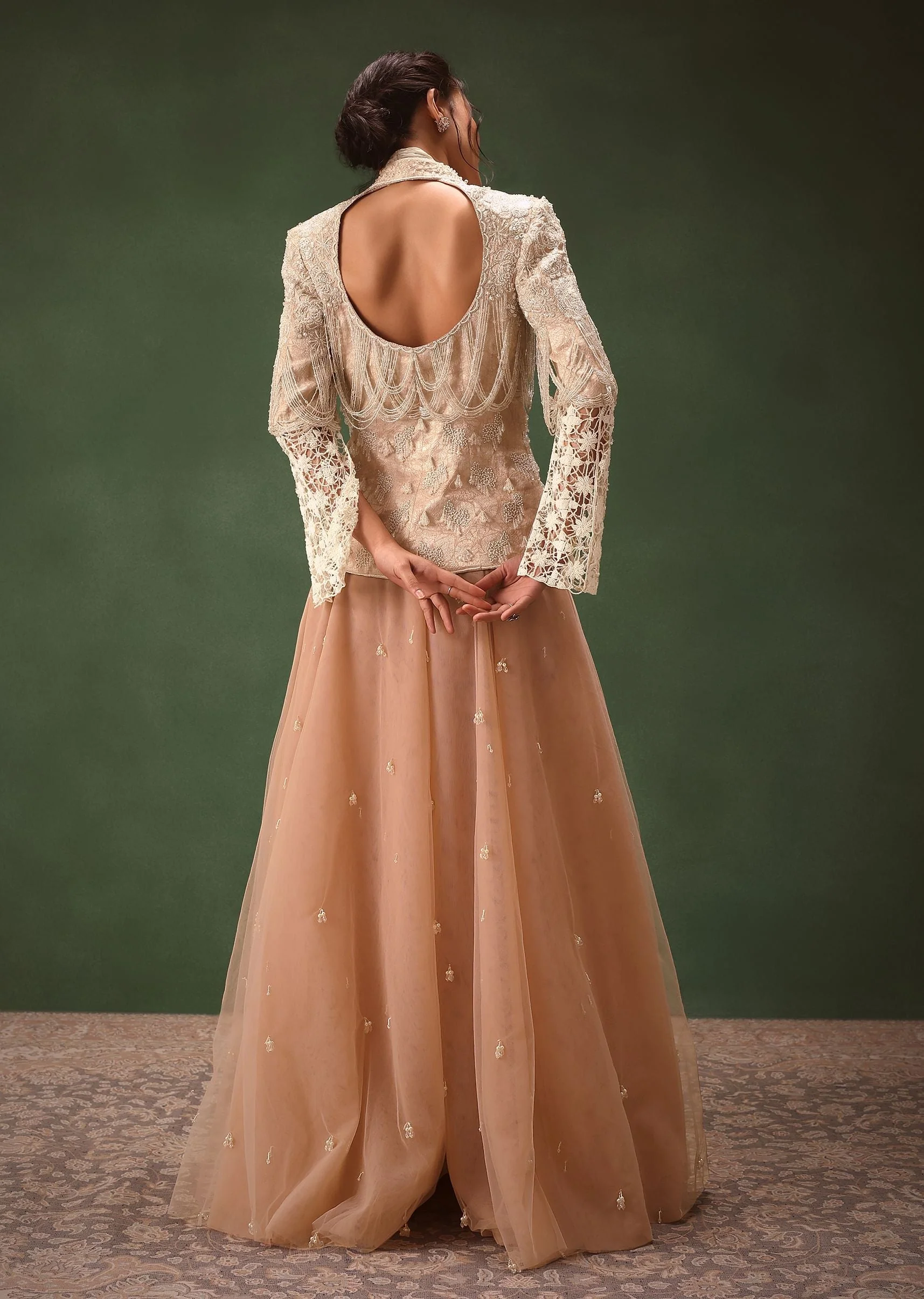 Peach Banarasi Embroidered Jacket With Palazzo And Suspender - Image 6