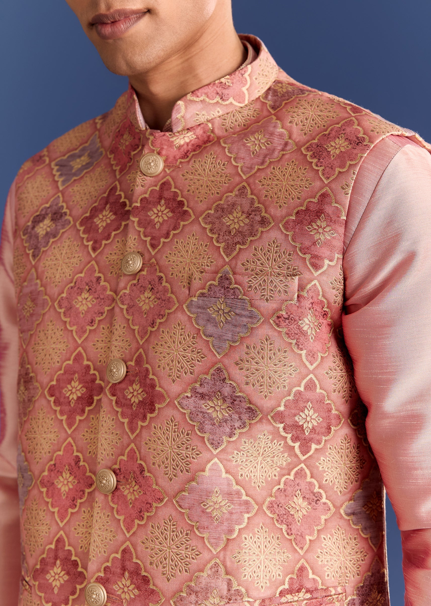 Peach Brocade Kurta Jacket Set With Geometric Print - Image 2