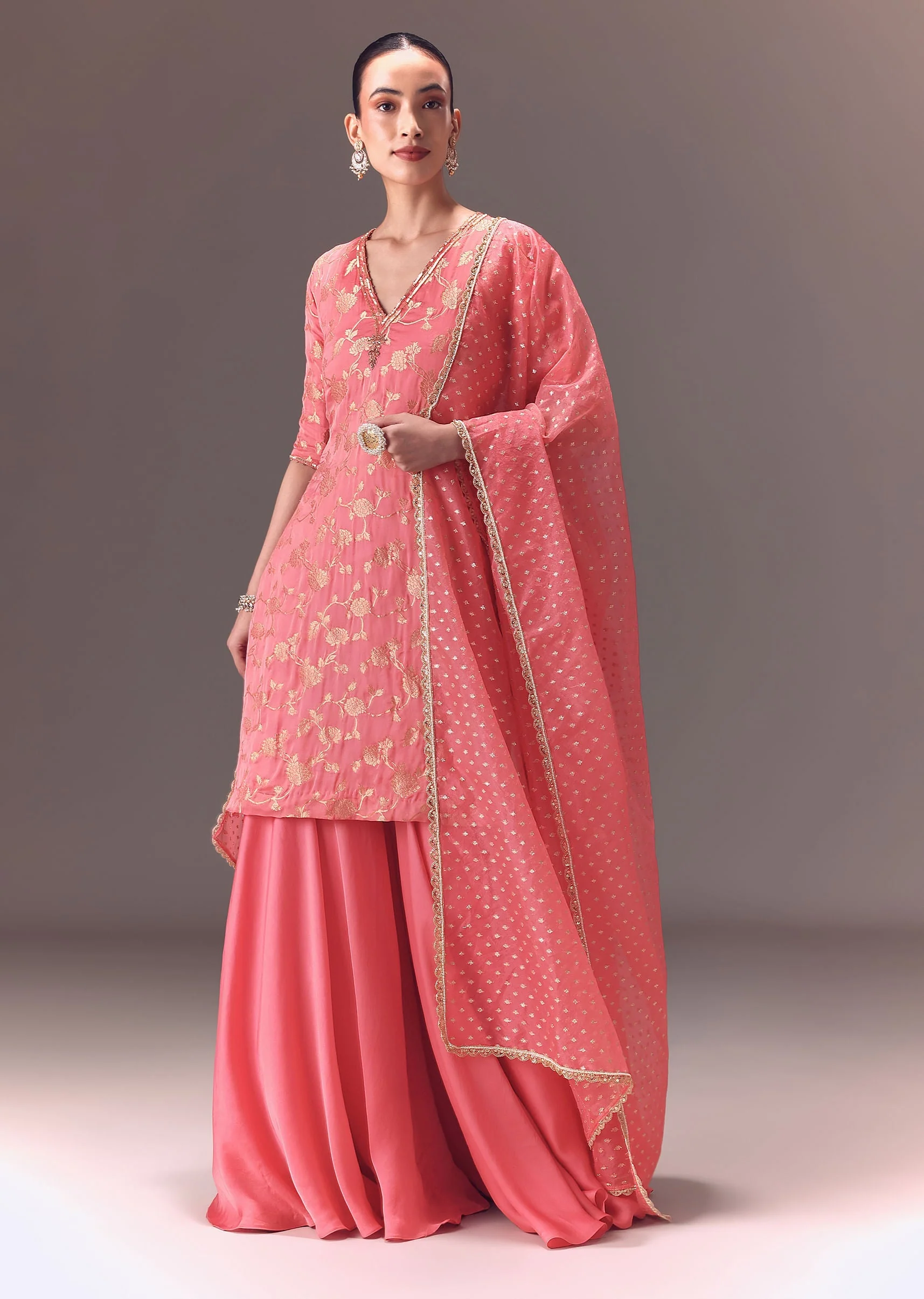 Peach Brocade Kurti With Sharara Pants And Dupatta - Image 3