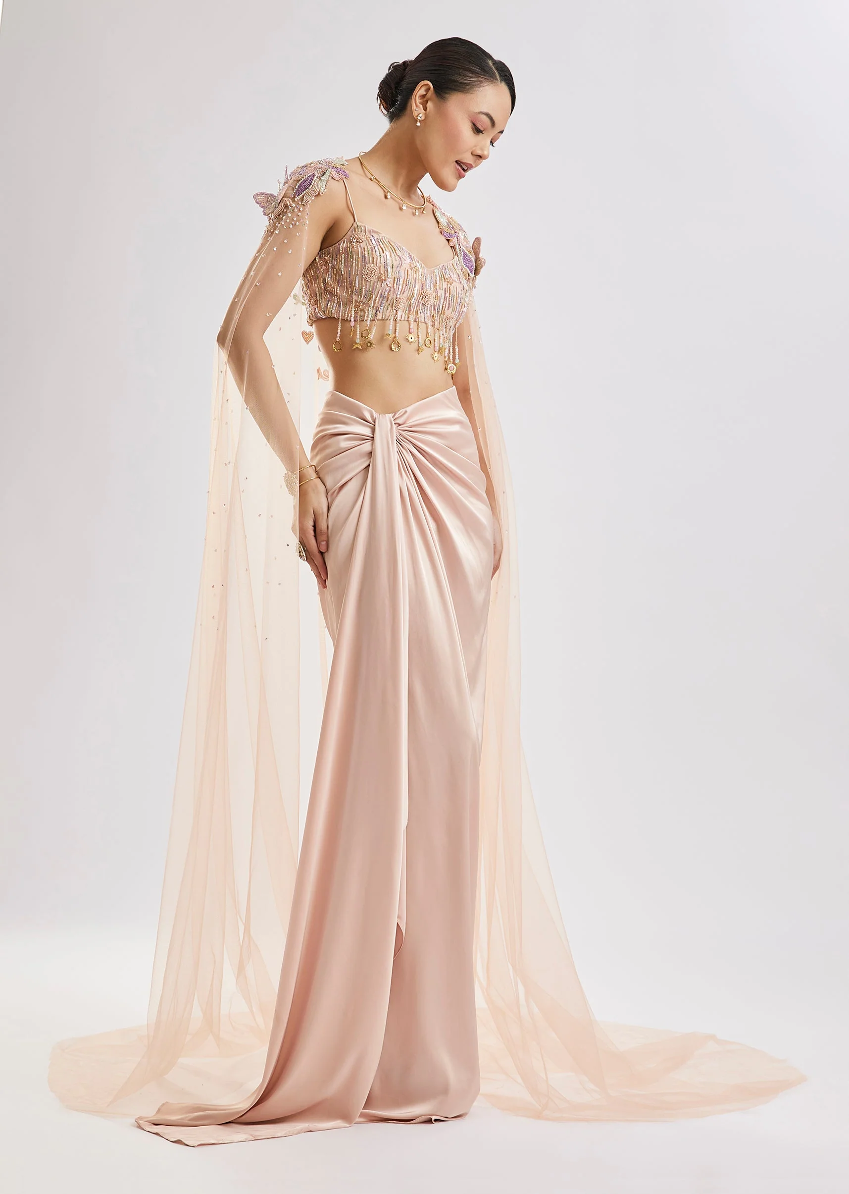 Peach Butterfly Blouse With Draped Skirt And Cape Set - Image 3