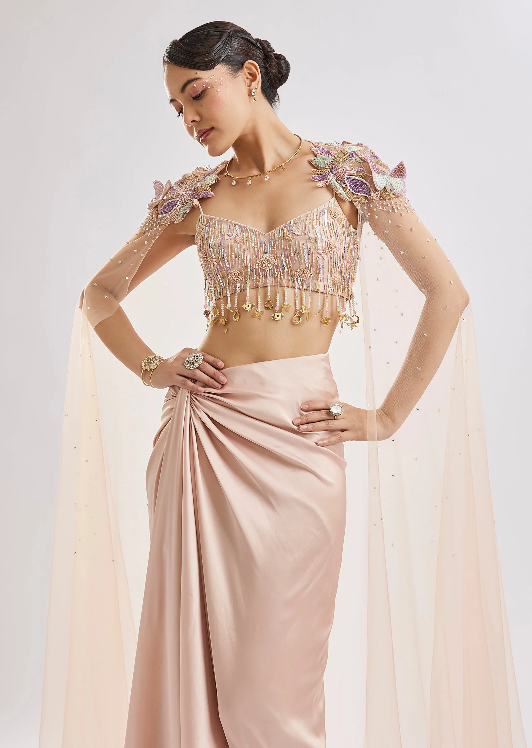 Peach Butterfly Blouse With Draped Skirt And Cape Set - Image 4