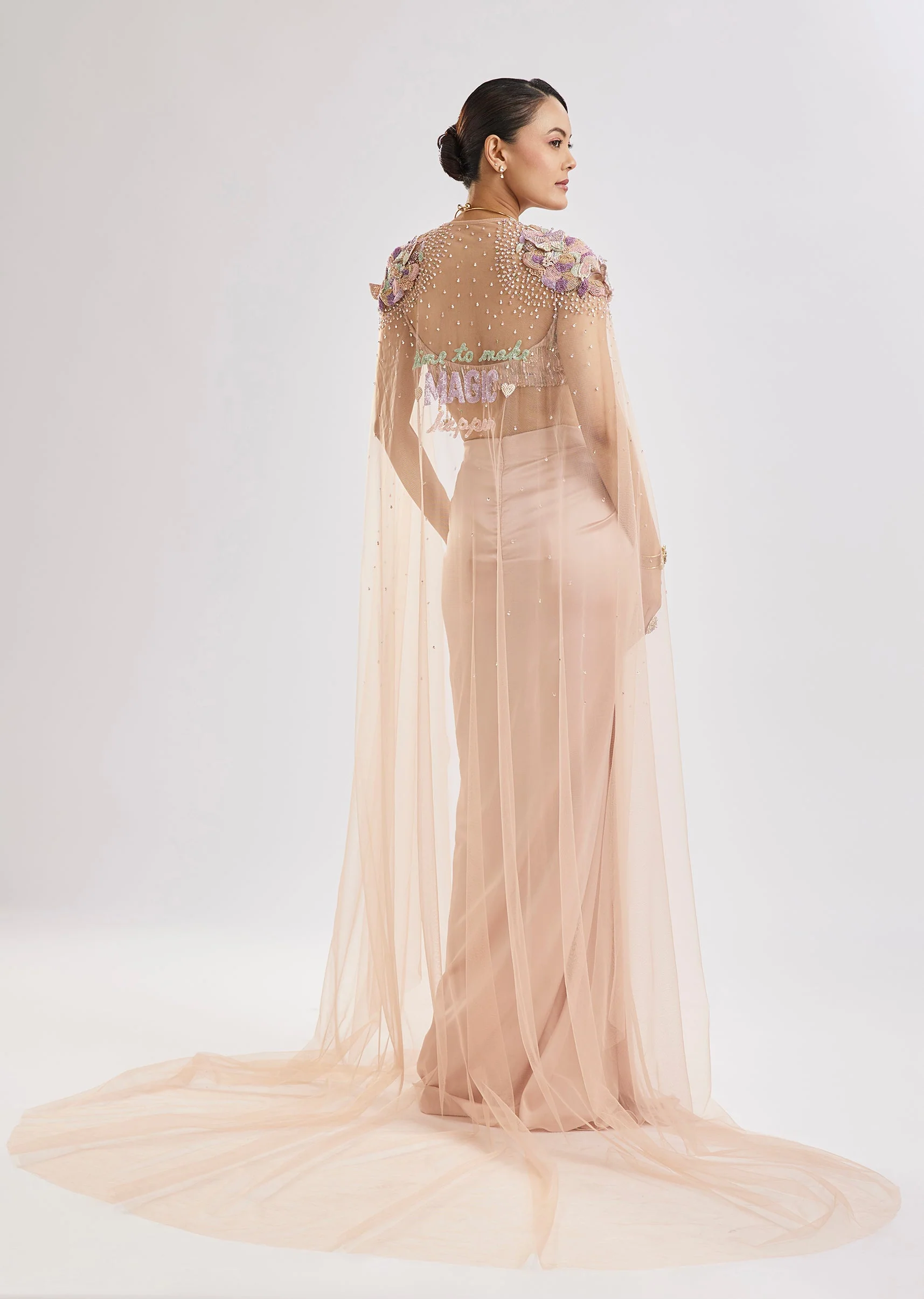 Peach Butterfly Blouse With Draped Skirt And Cape Set - Image 5
