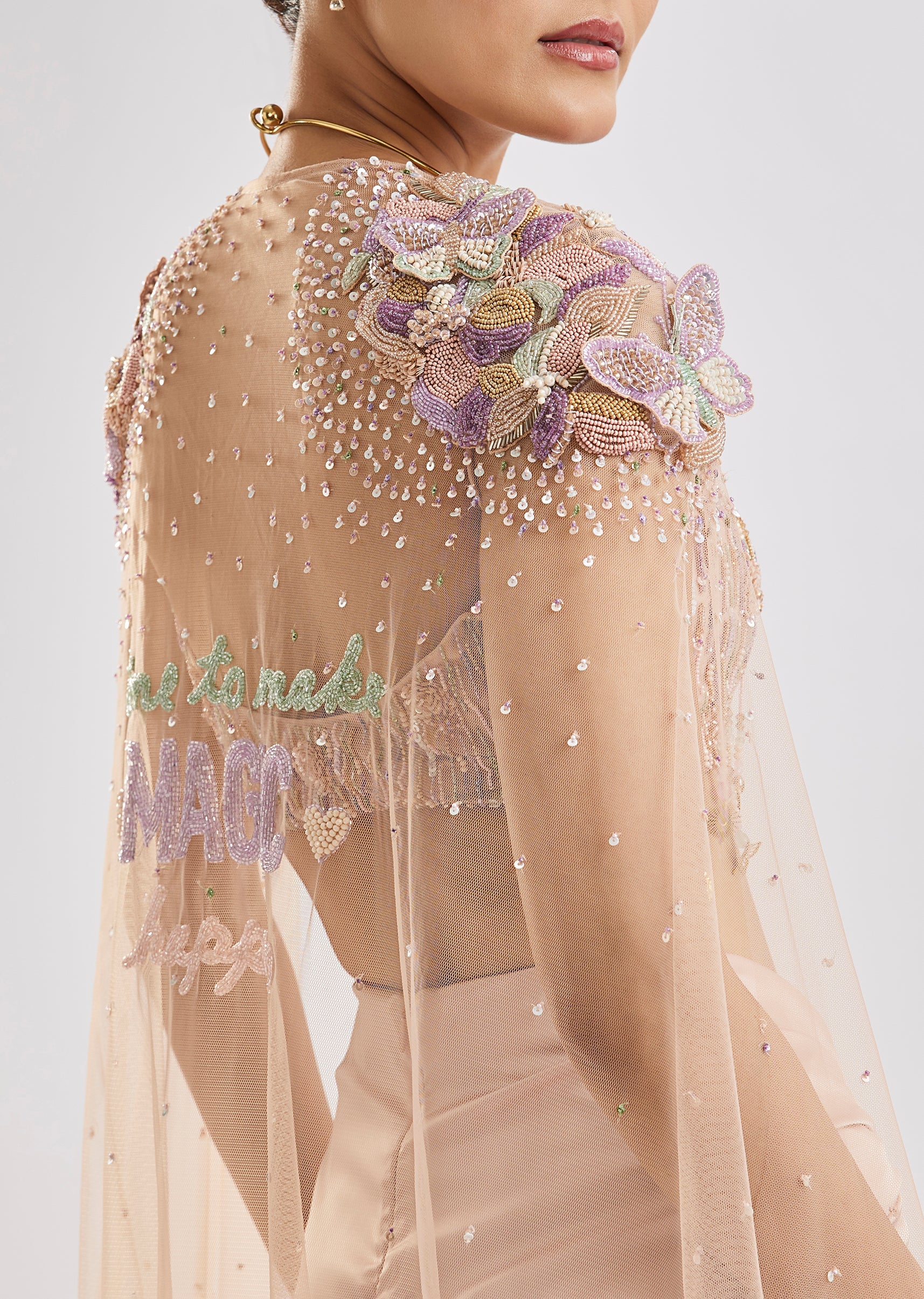 Peach Butterfly Blouse With Draped Skirt And Cape Set - Image 6