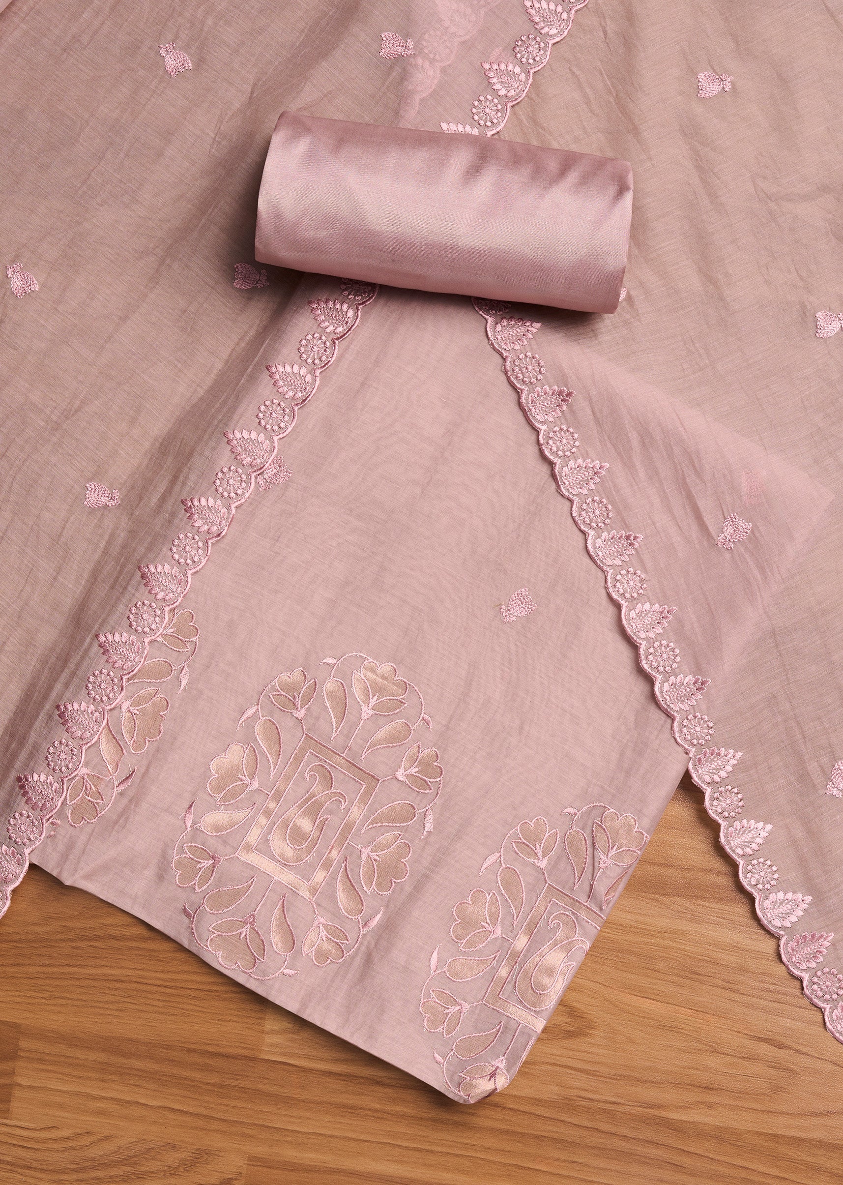 Peach Chanderi Embroidered Unstitched Suit Set