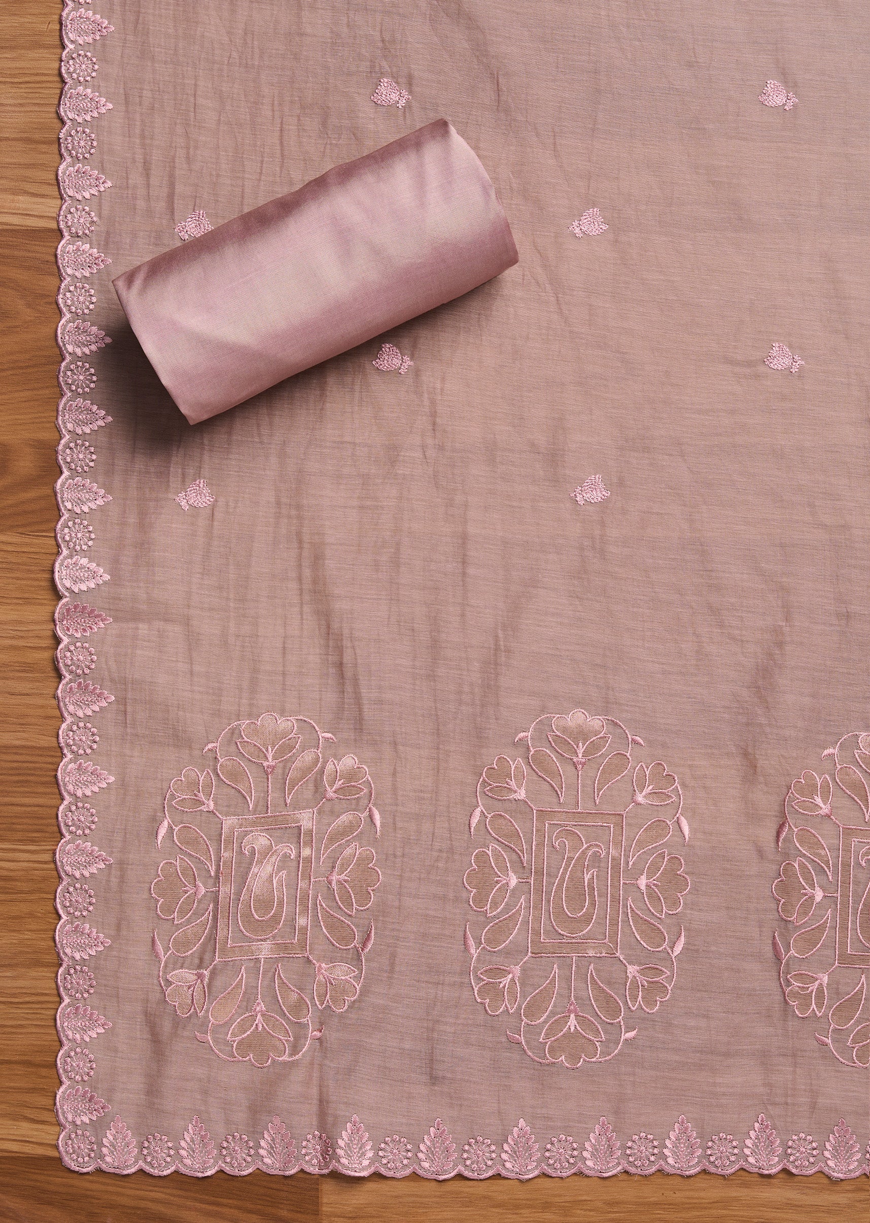 Peach Chanderi Embroidered Unstitched Suit Set - Image 3