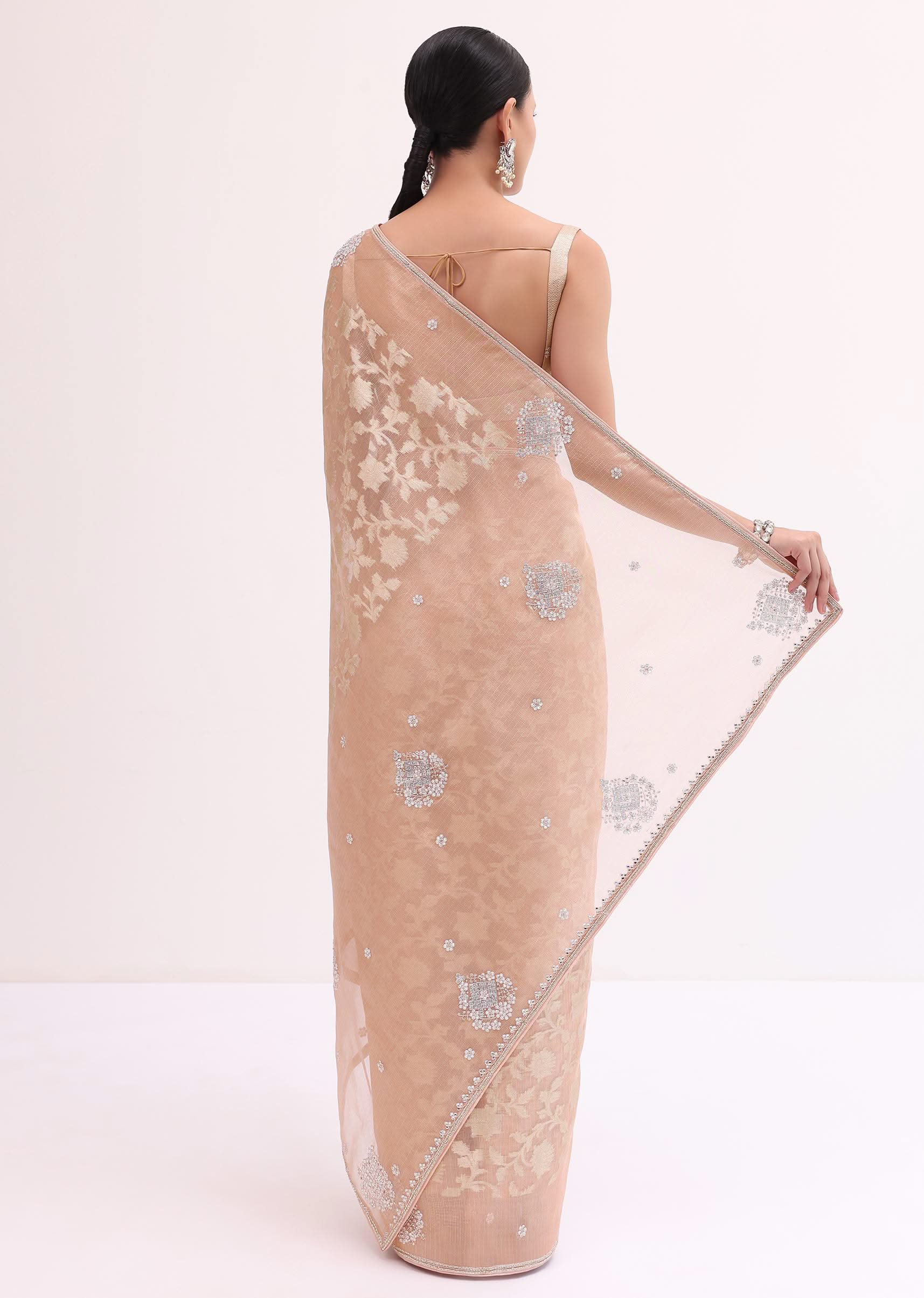 Peach Chanderi Saree With Unstitched Blouse - Image 4