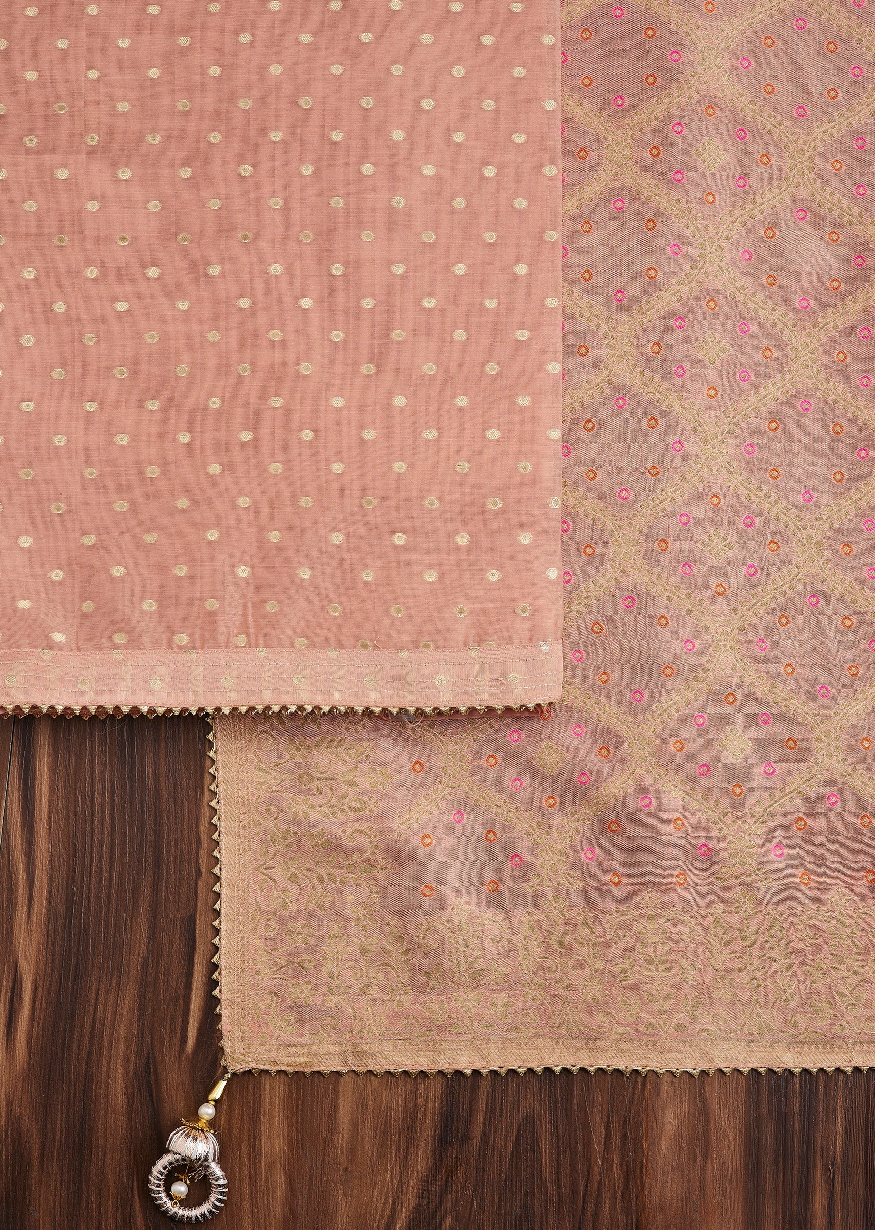 Peach Chanderi Unstitched Suit - Image 2