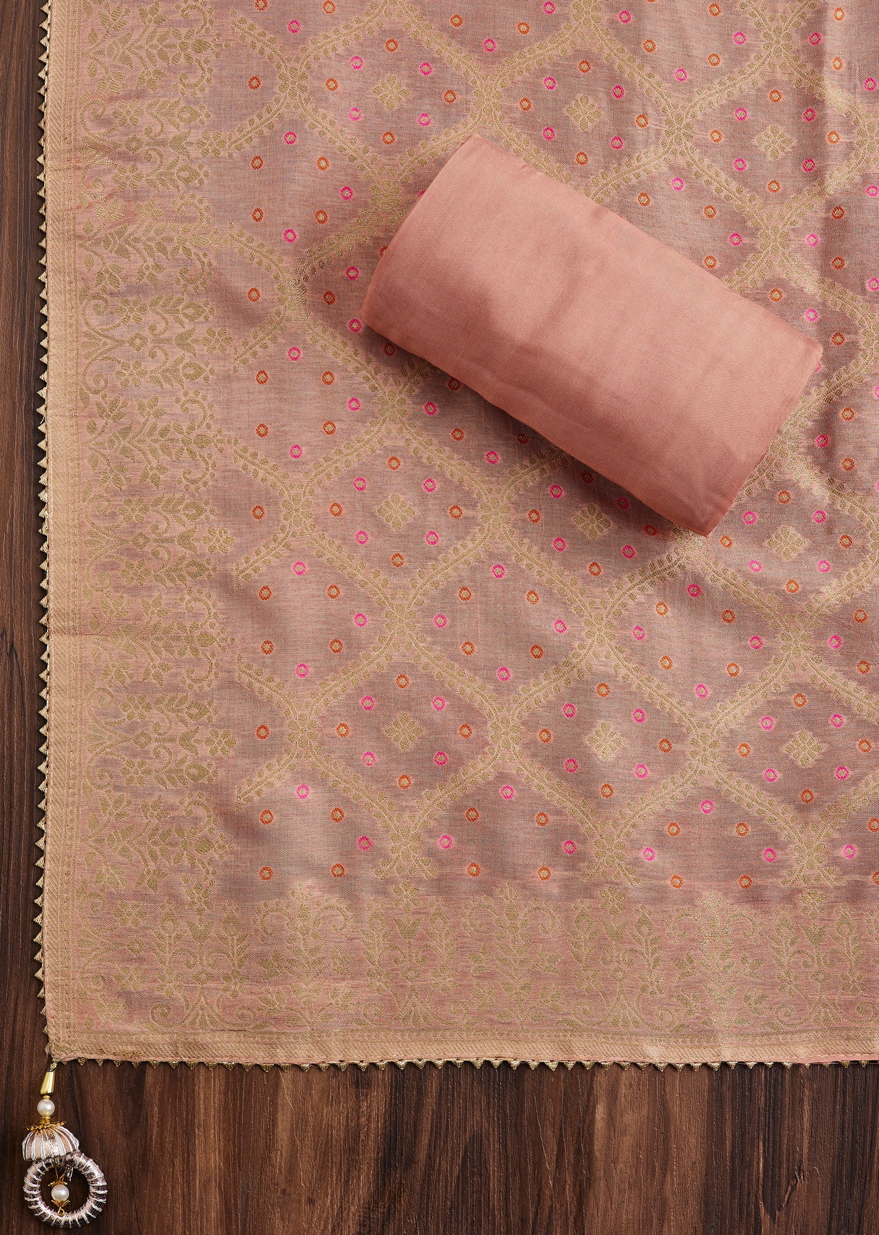 Peach Chanderi Unstitched Suit - Image 3