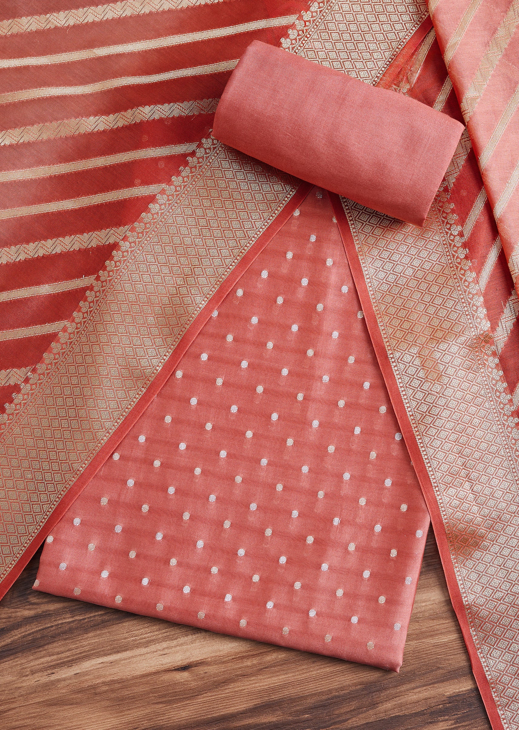 Peach Chanderi Unstitched Suit With Dupatta