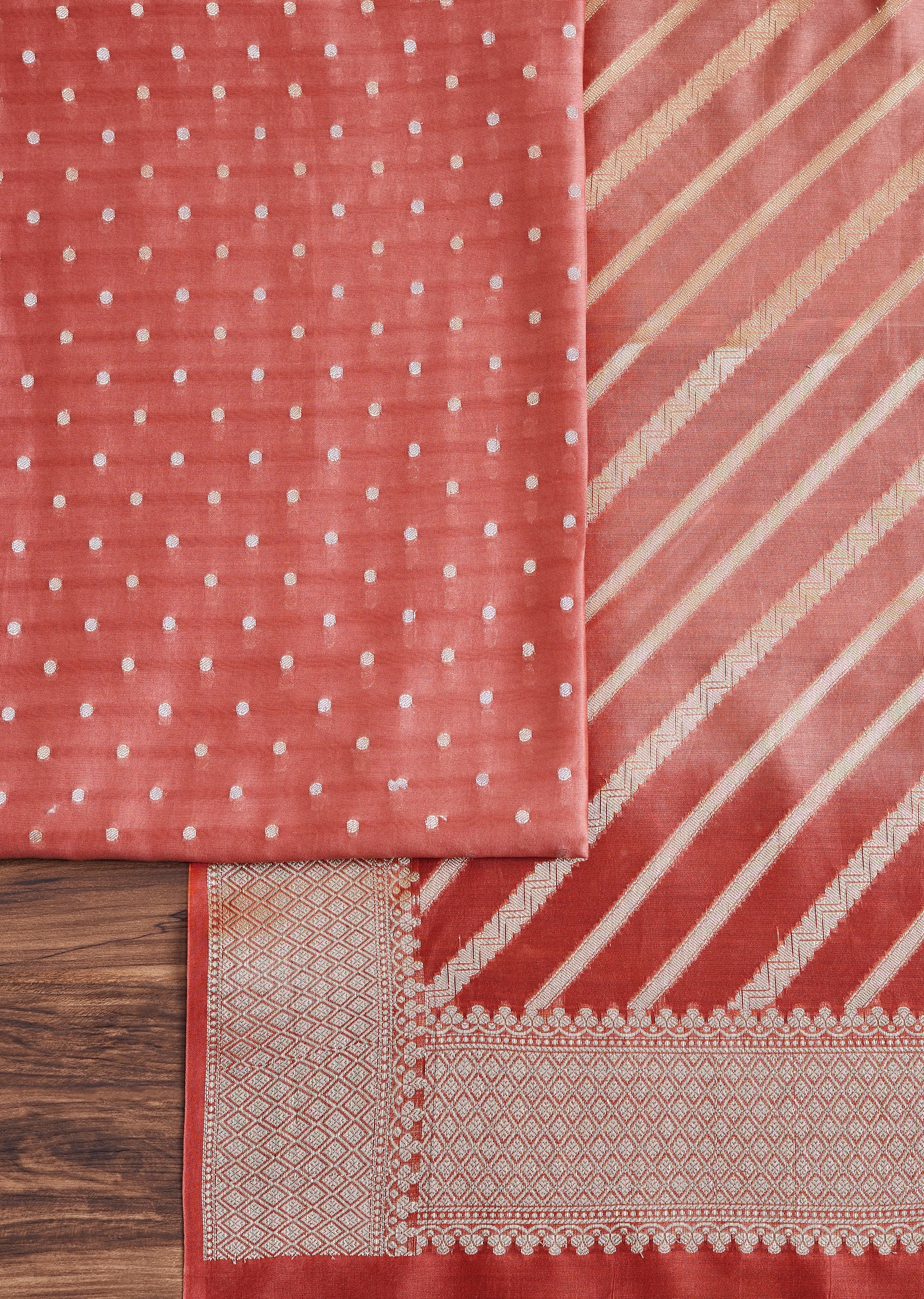 Peach Chanderi Unstitched Suit With Dupatta - Image 3