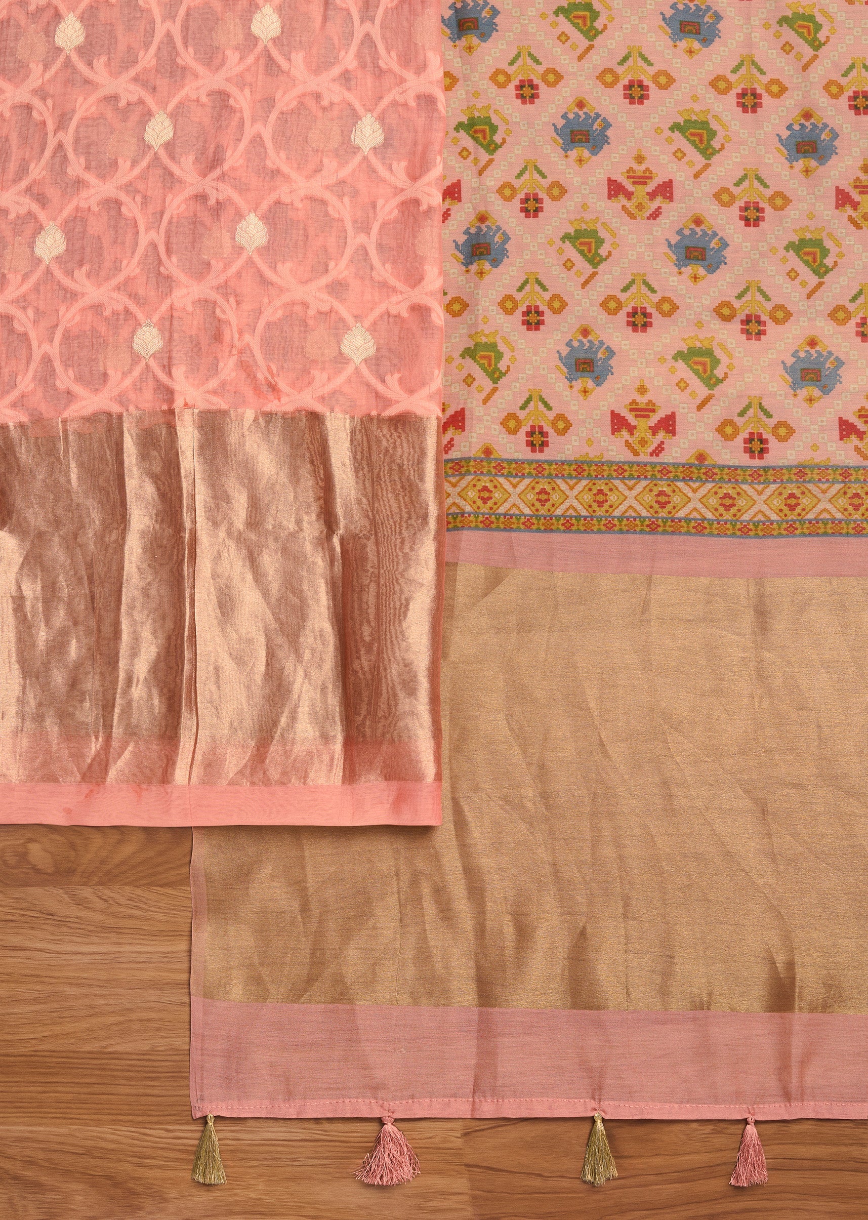 Peach Chanderi With Multi Colour Printed Unstitched Suit Set - Image 2
