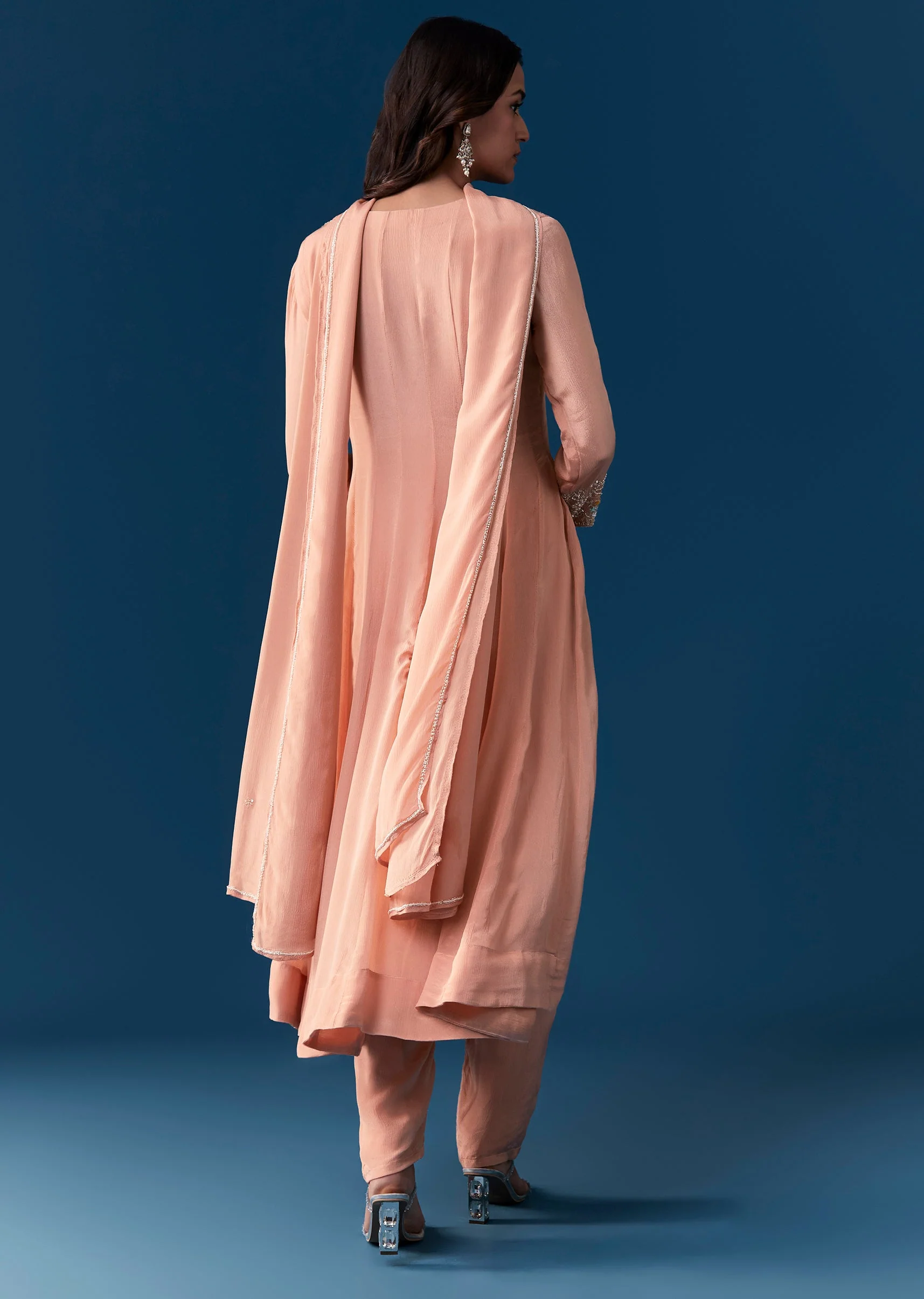 Peach Chinon Anarkali Suit With Dupatta And Moti Cut Dana Work Detail - Image 5