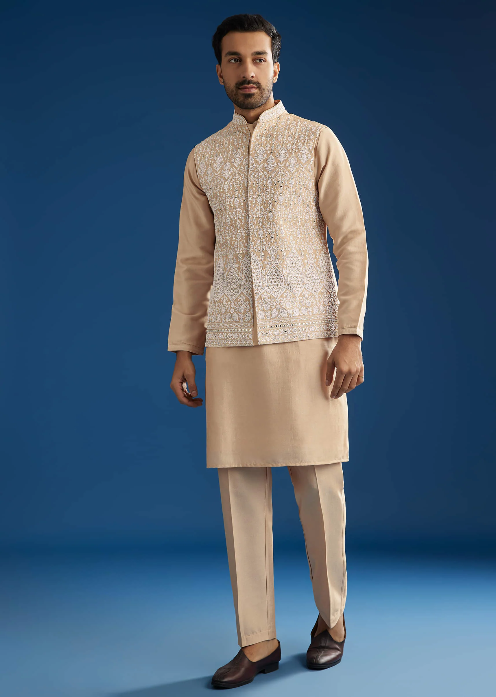 Peach Cotton Silk Jacket Kurta Set With Mirror And Dori Work - Image 2