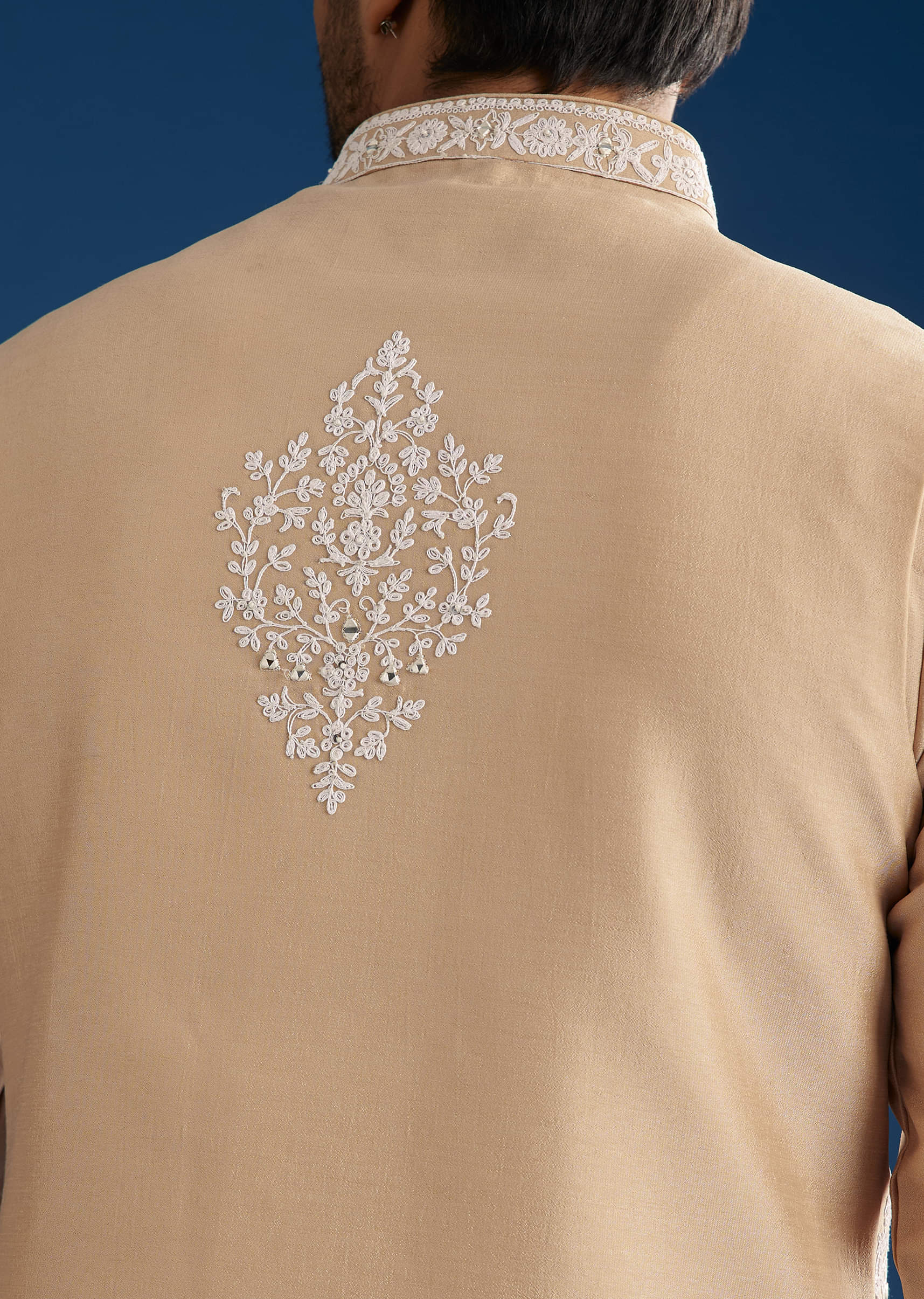 Peach Cotton Silk Jacket Kurta Set With Mirror And Dori Work - Image 5