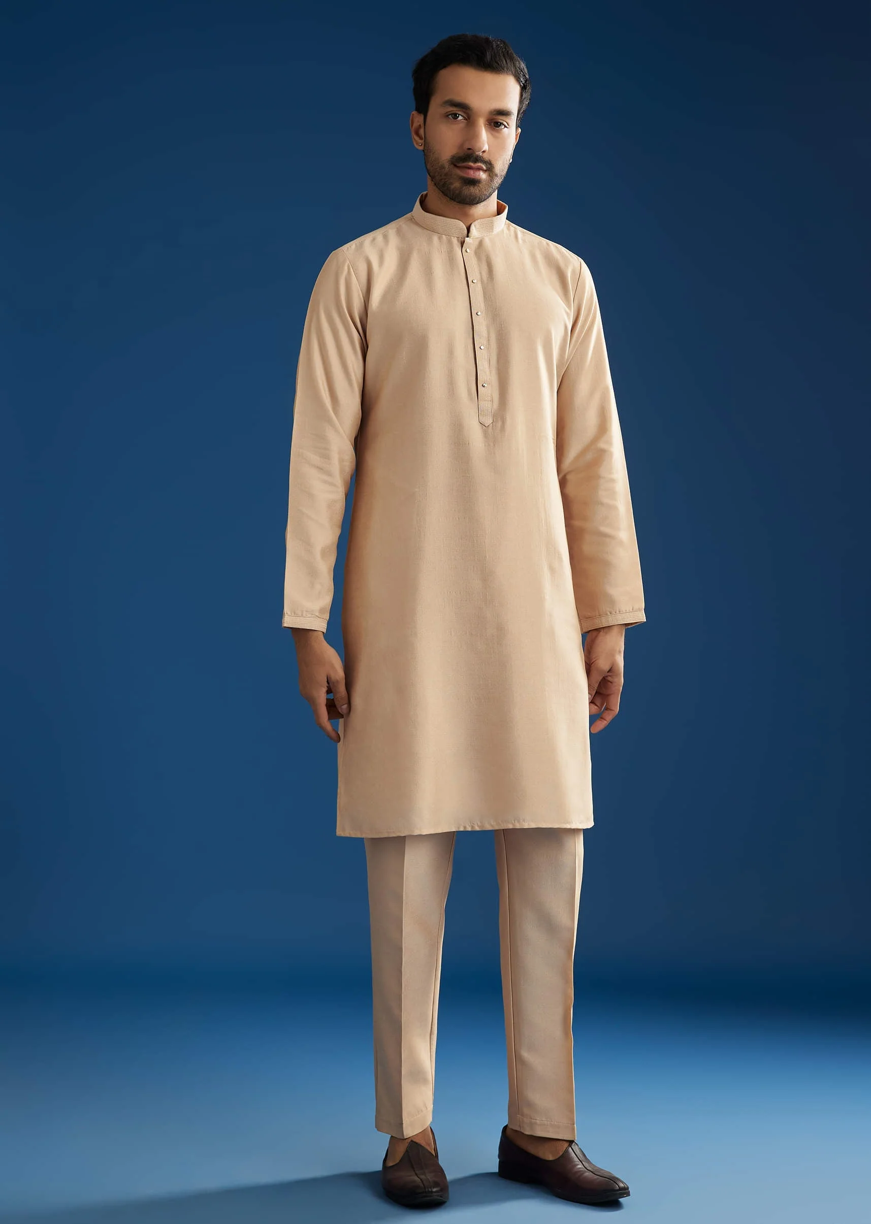 Peach Cotton Silk Jacket Kurta Set With Mirror And Dori Work - Image 6