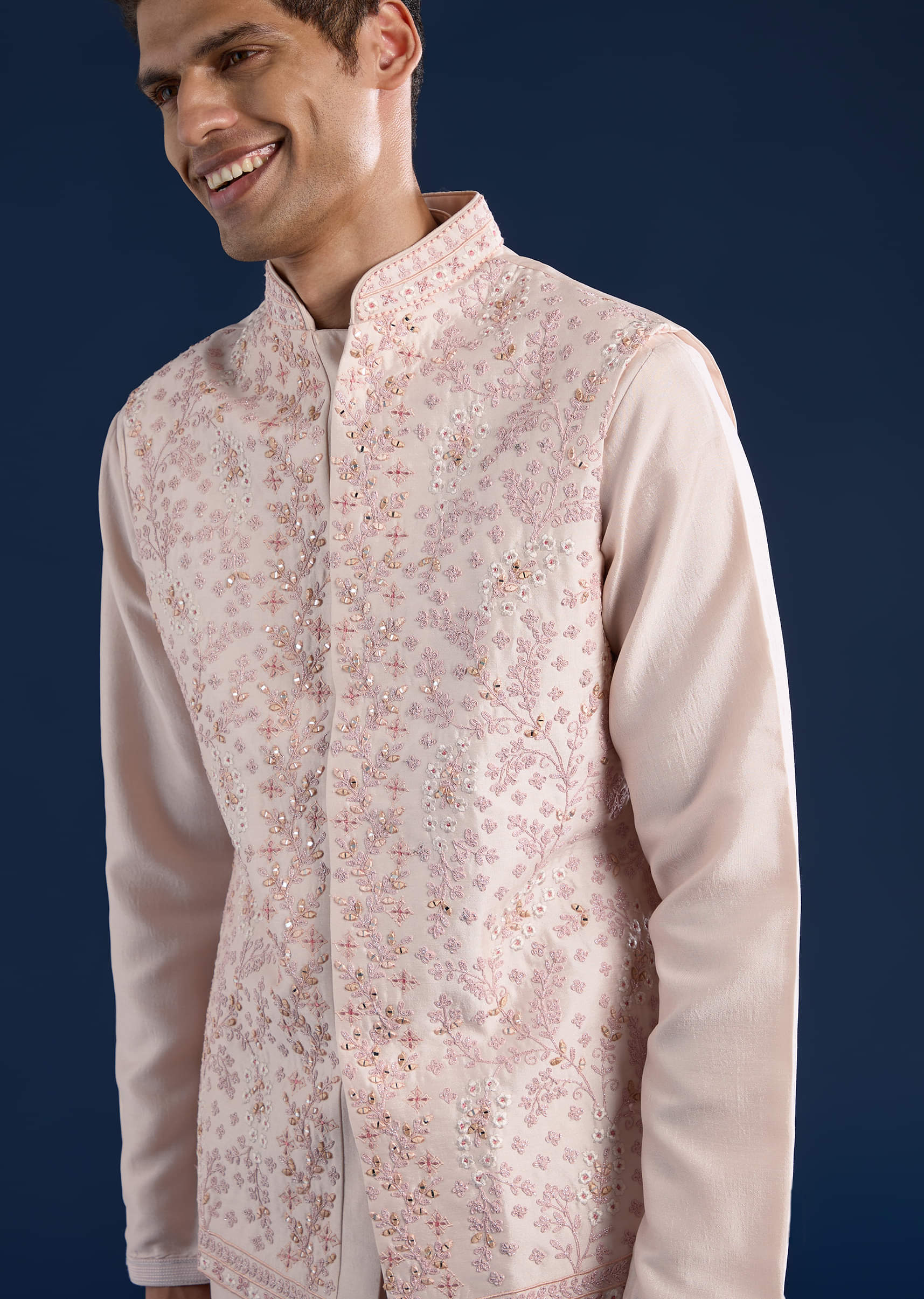 Peach Cotton Silk Jacket Kurta Set with Mirror Work - Image 2