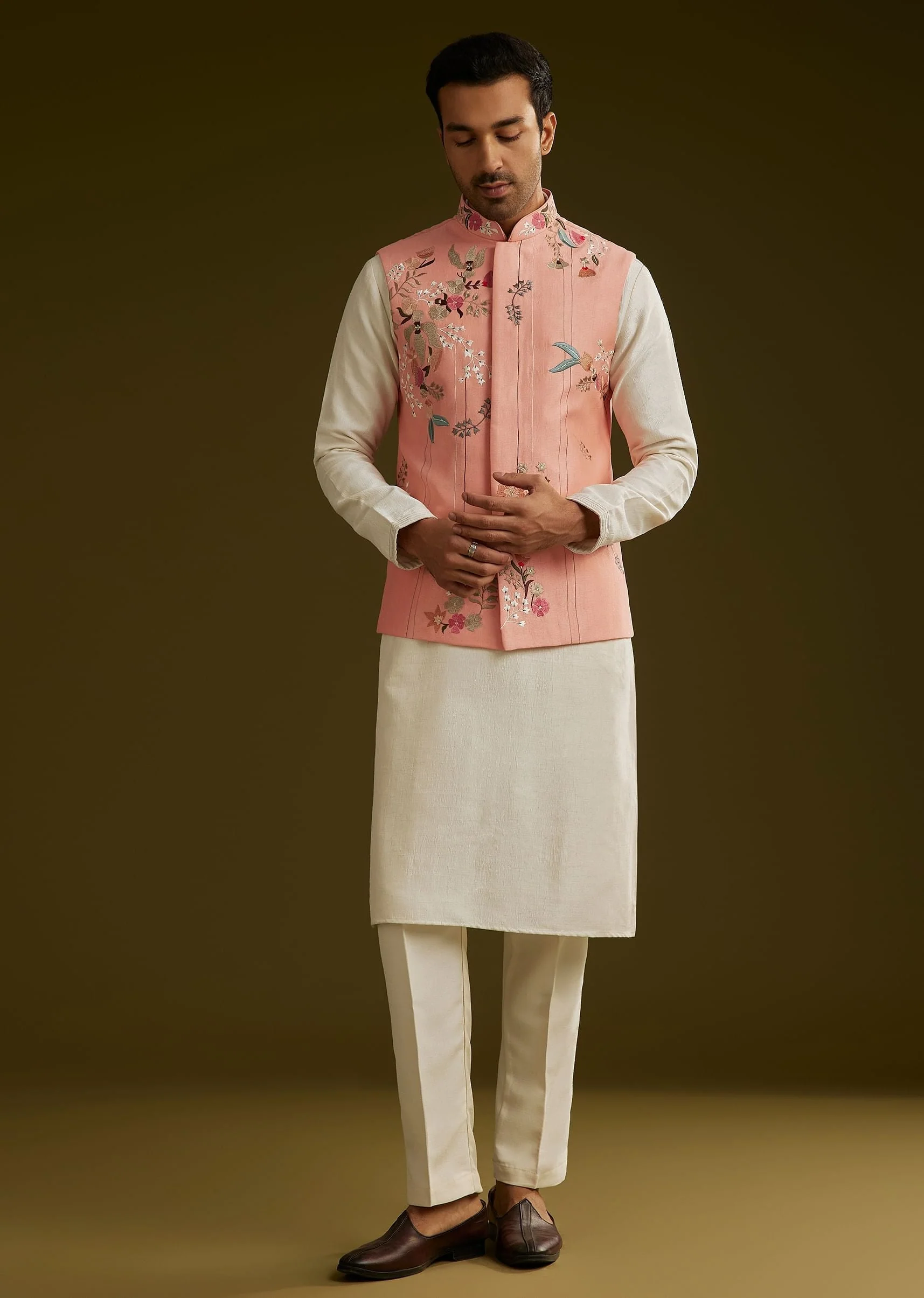 Peach Cotton Silk Kurta Set With Aari Work Jacket