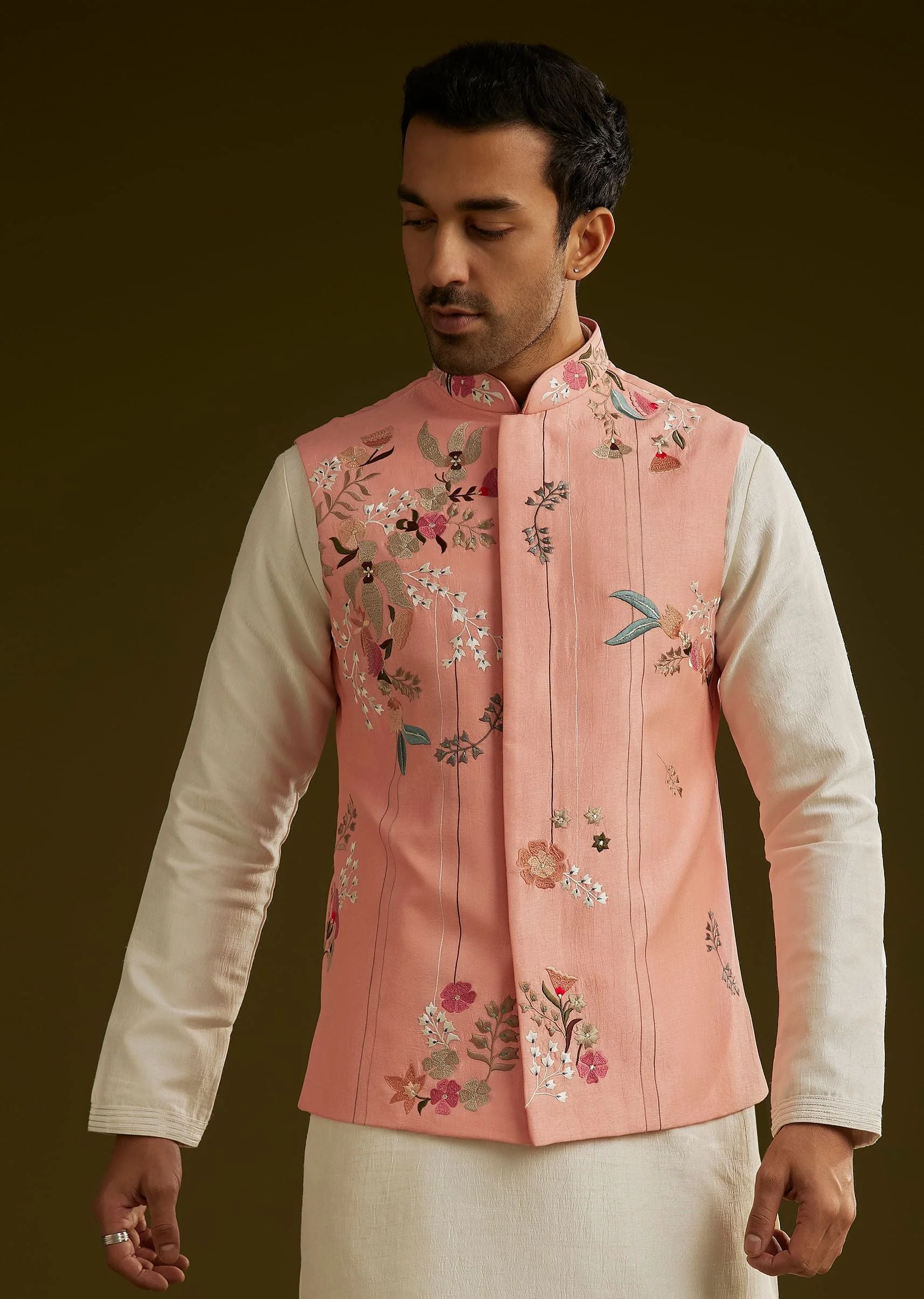 Peach Cotton Silk Kurta Set With Aari Work Jacket - Image 2