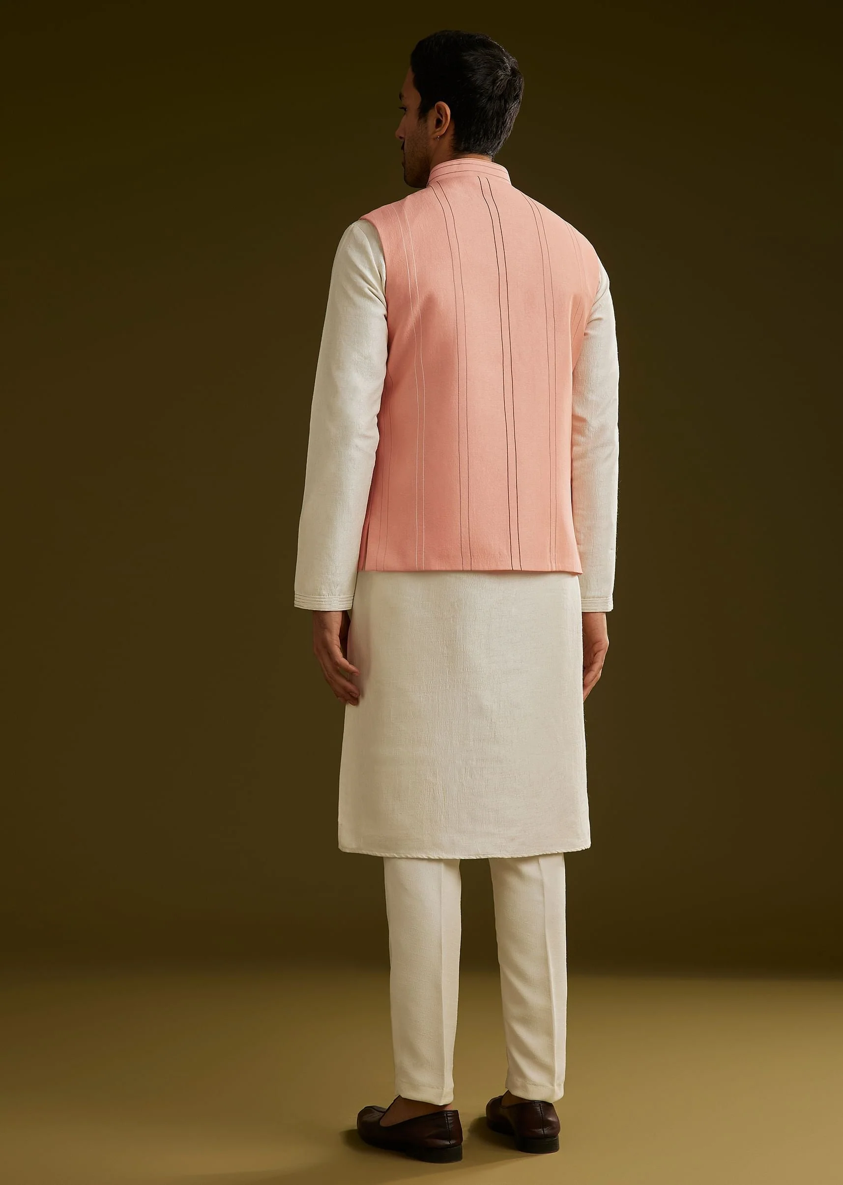 Peach Cotton Silk Kurta Set With Aari Work Jacket - Image 5