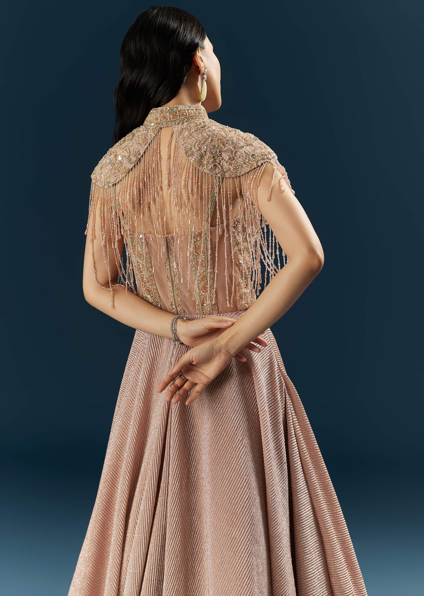 Peach Crepe Bridal Gown With Heavy Embroidery - Image 6