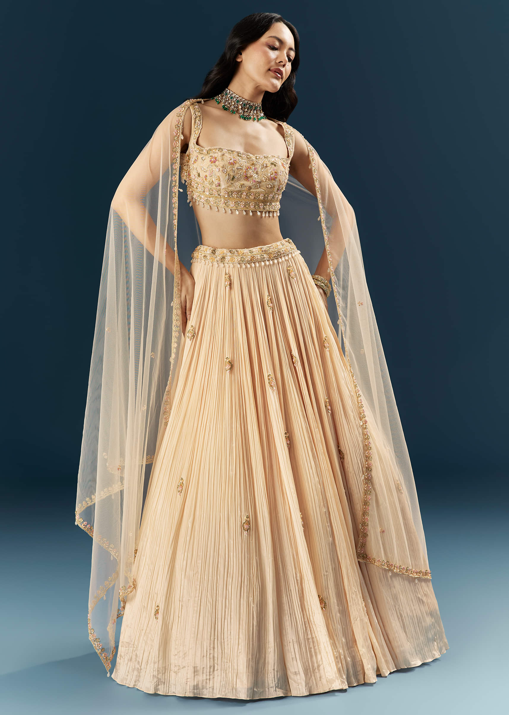Peach Crepe Bridesmaid Lehenga With Heavy Embroidery - Image 4
