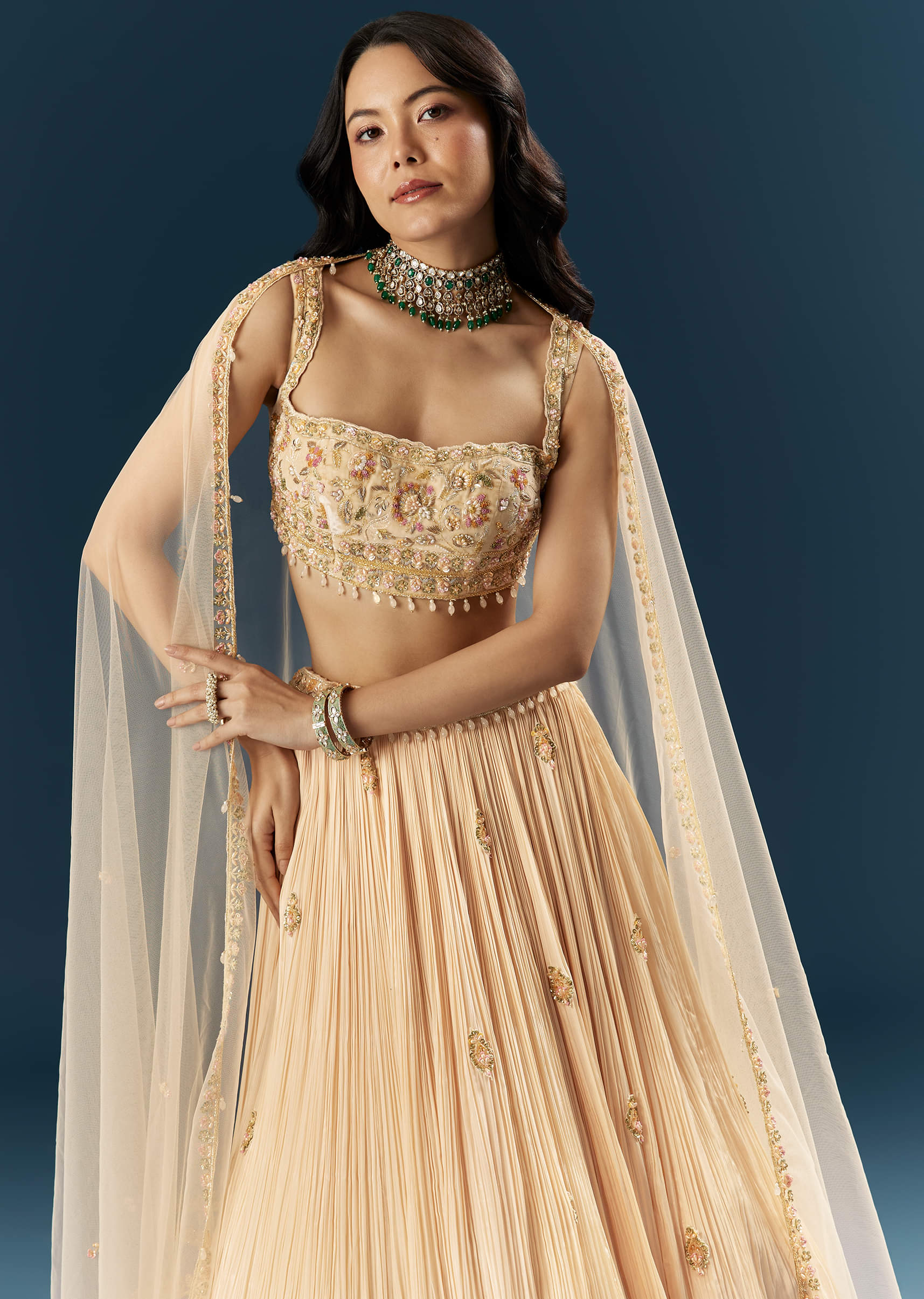 Peach Crepe Bridesmaid Lehenga With Heavy Embroidery - Image 5