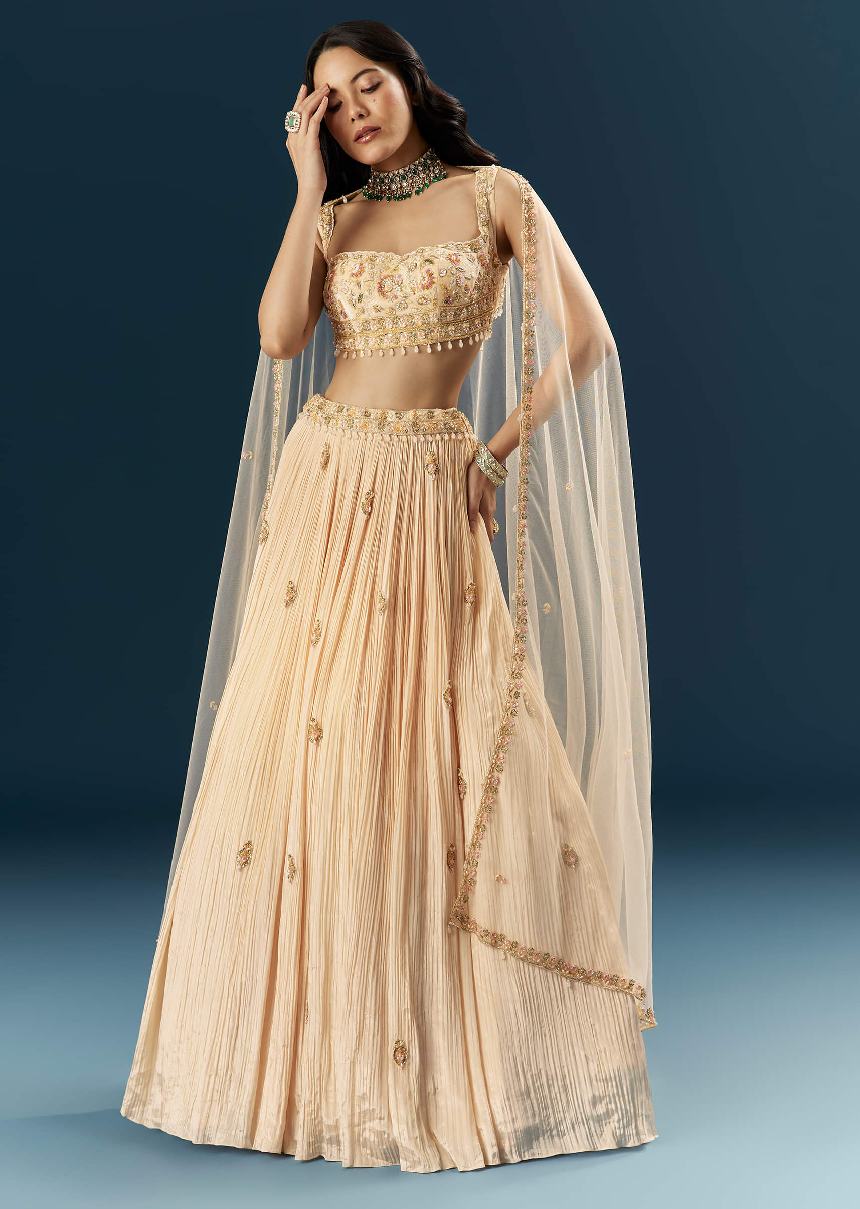Peach Crepe Bridesmaid Lehenga With Heavy Embroidery - Image 7