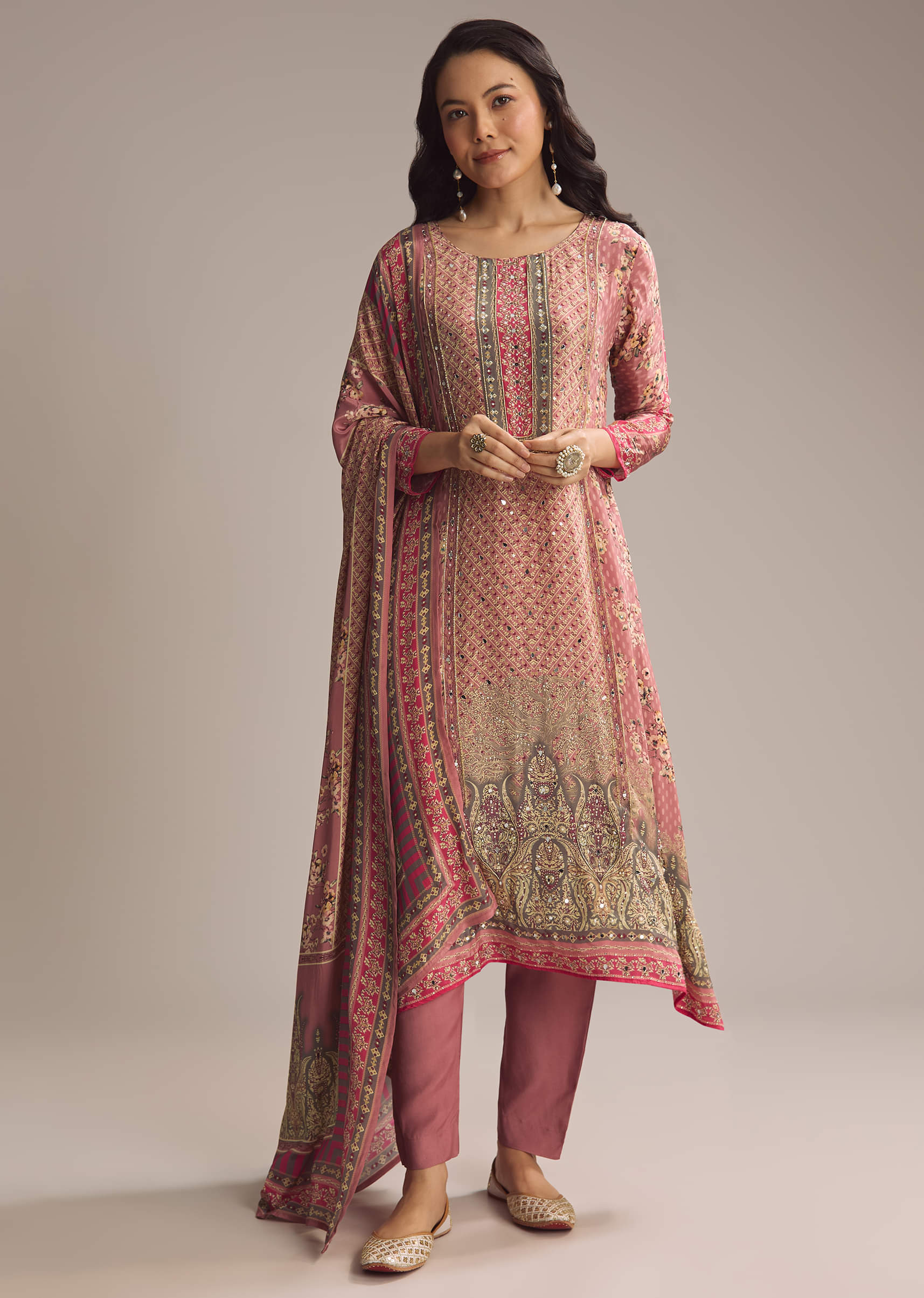 Peach Crepe Kurta Set With Floral Print - Image 3