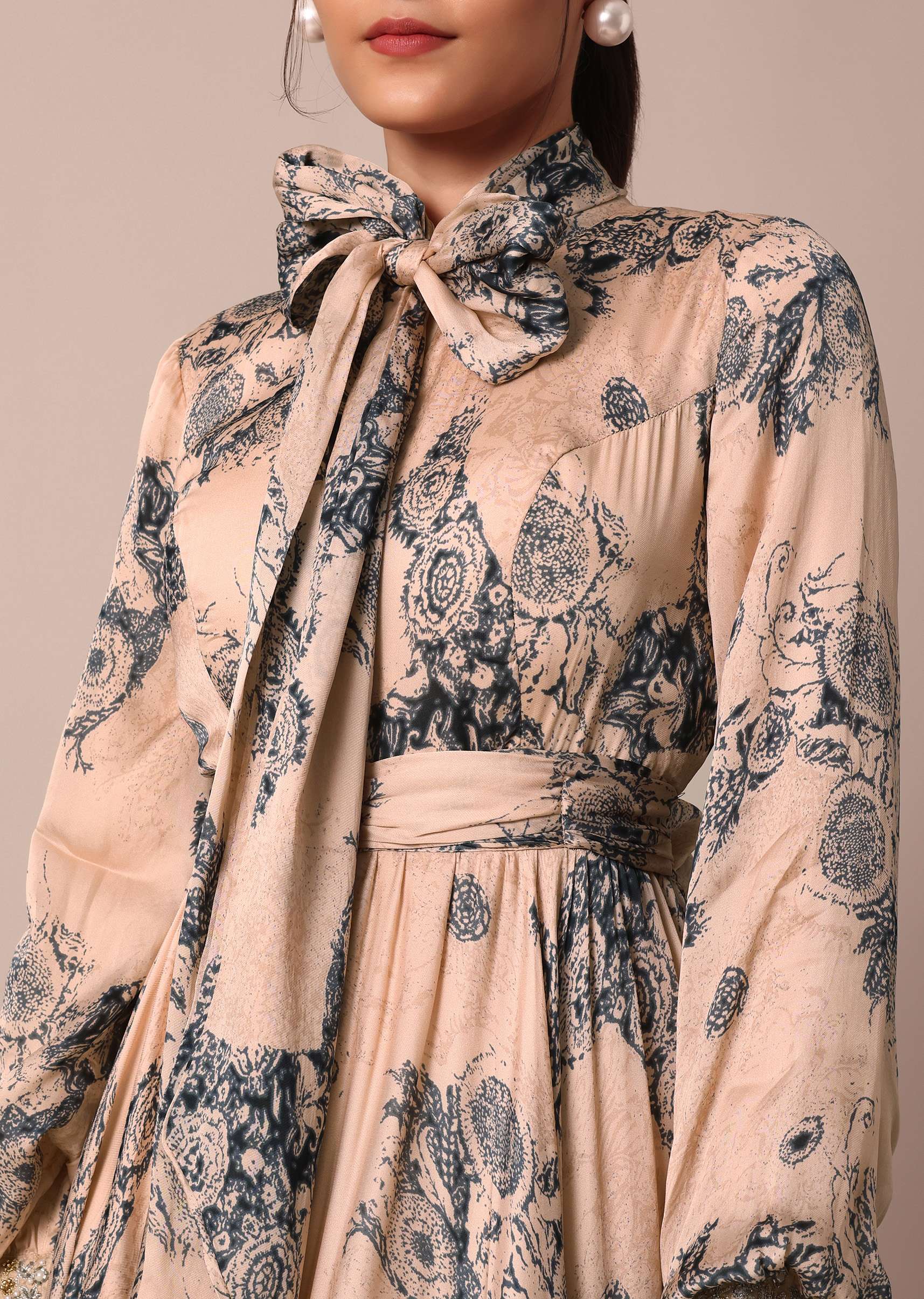 Peach Crepe Printed Indo Gown With Embroidered Sleeves - Image 2