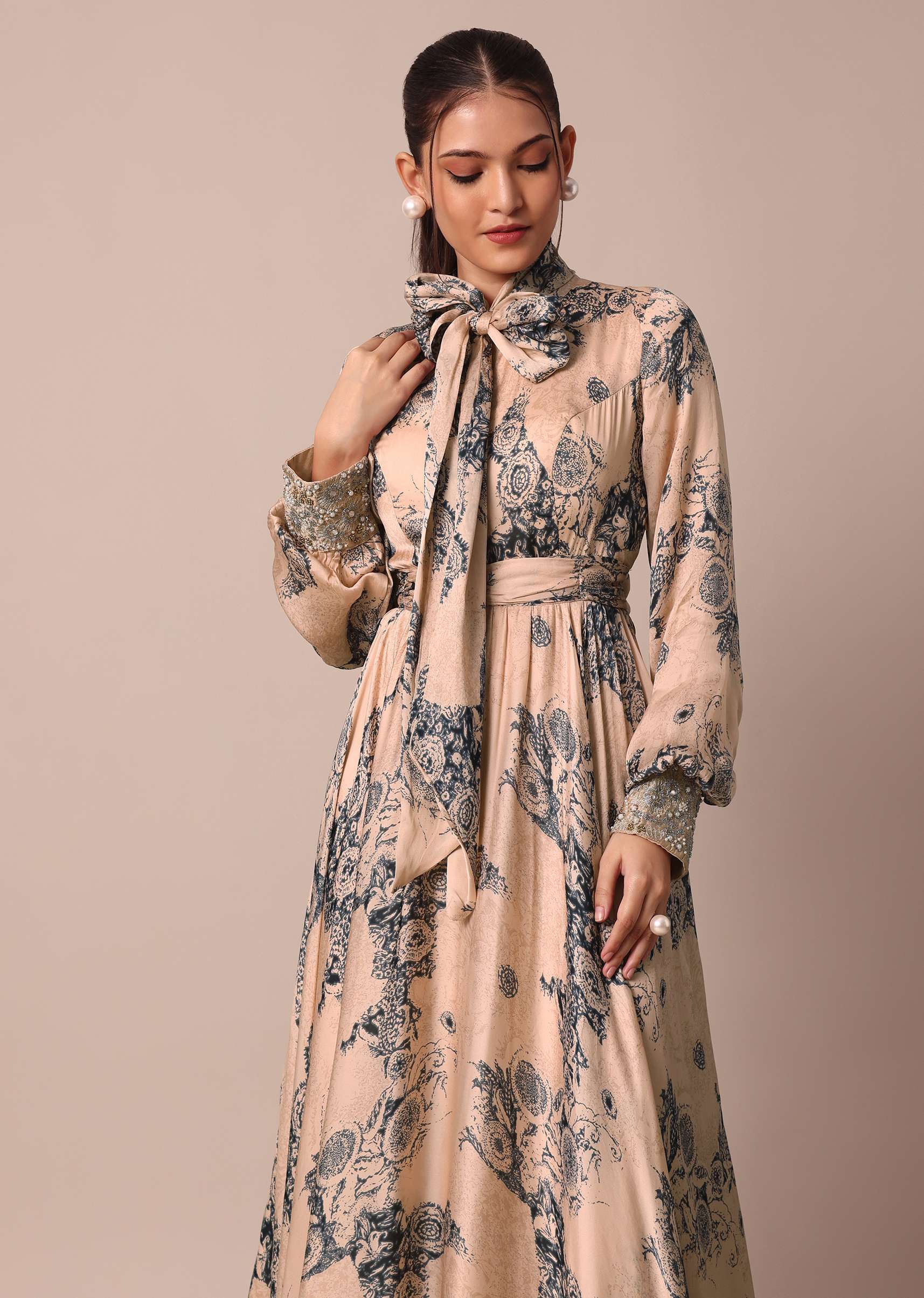 Peach Crepe Printed Indo Gown With Embroidered Sleeves - Image 4