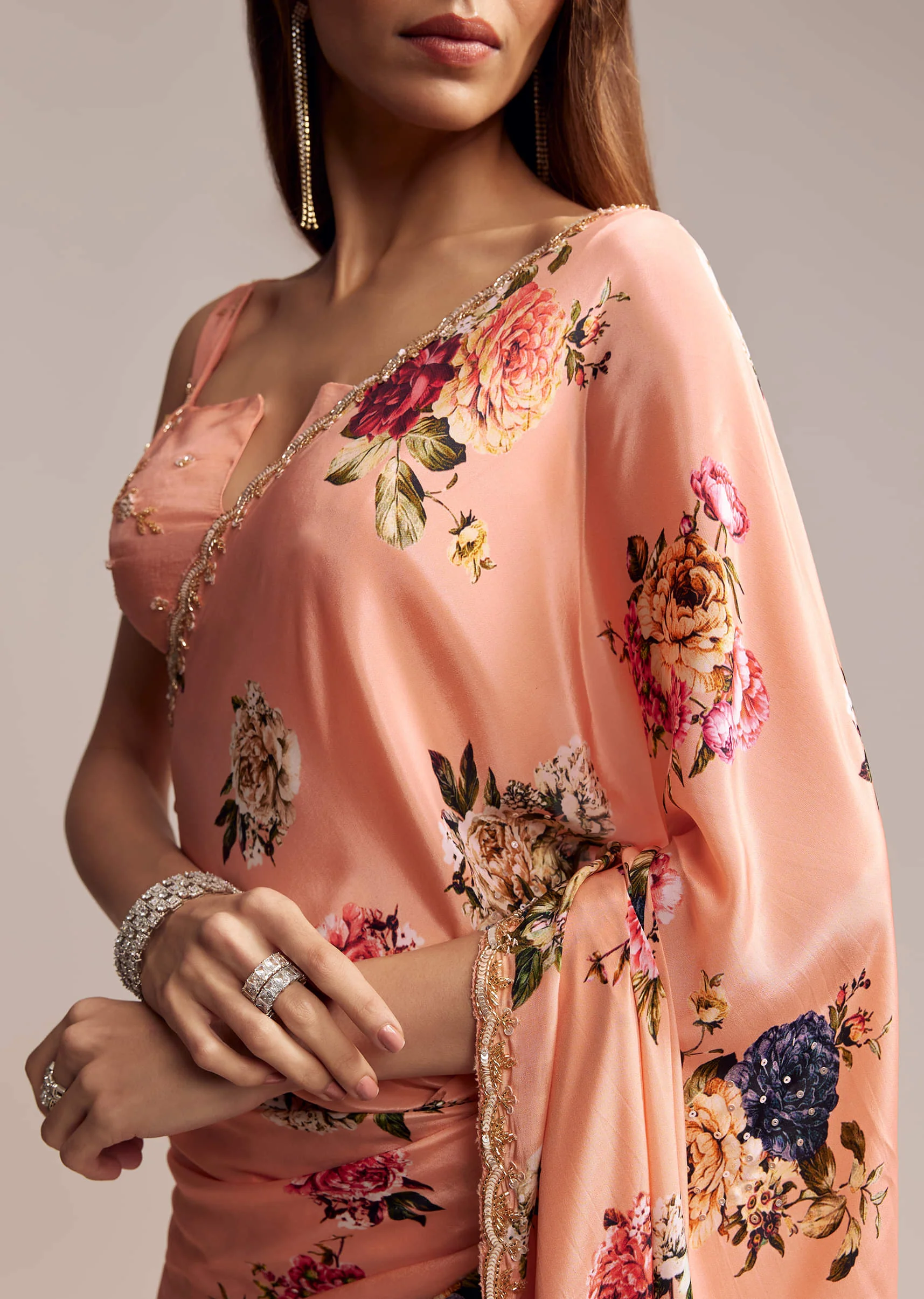 Peach Crepe Saree With Digital Print And Sequins Embroidery - Image 2