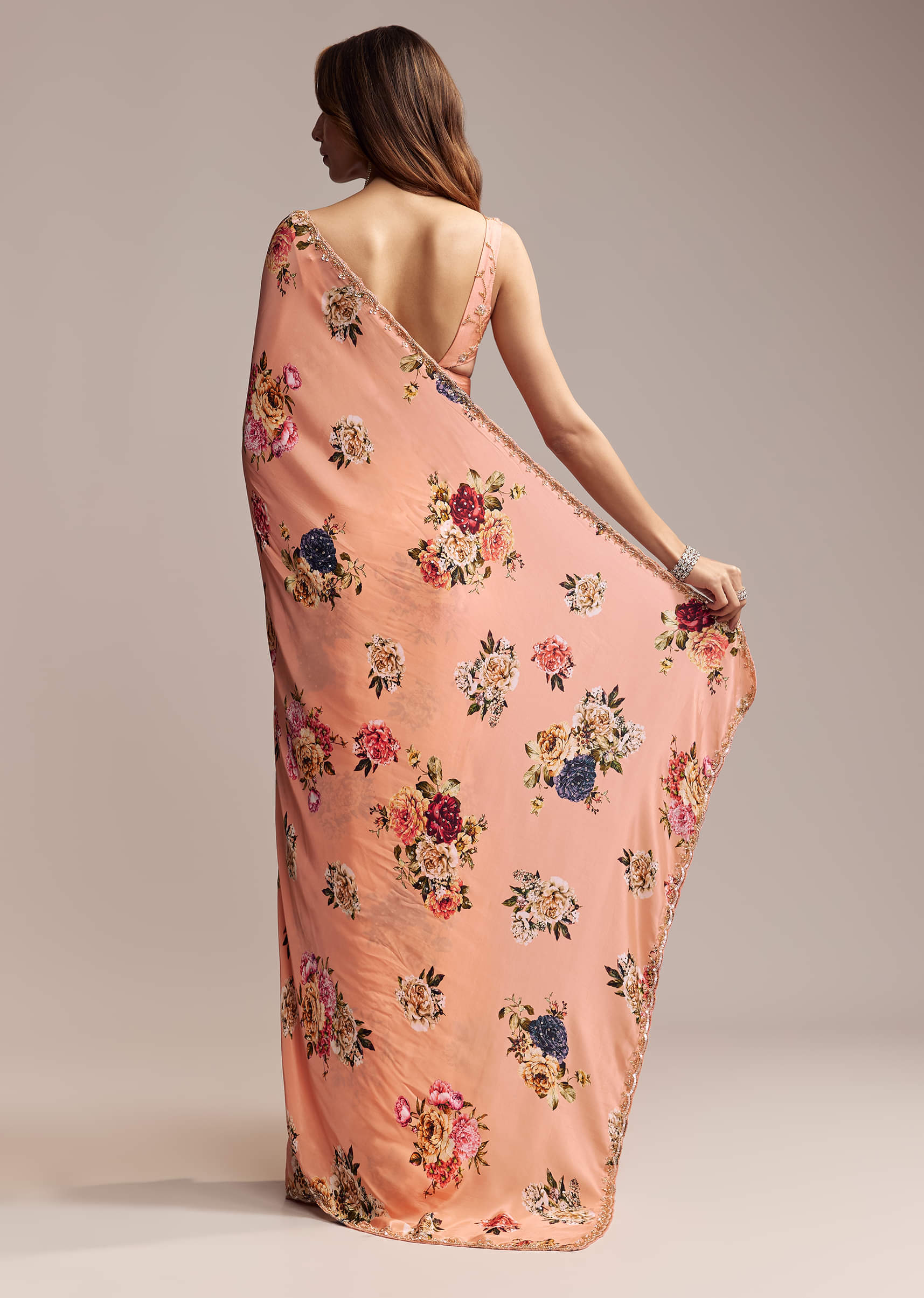 Peach Crepe Saree With Digital Print And Sequins Embroidery - Image 5