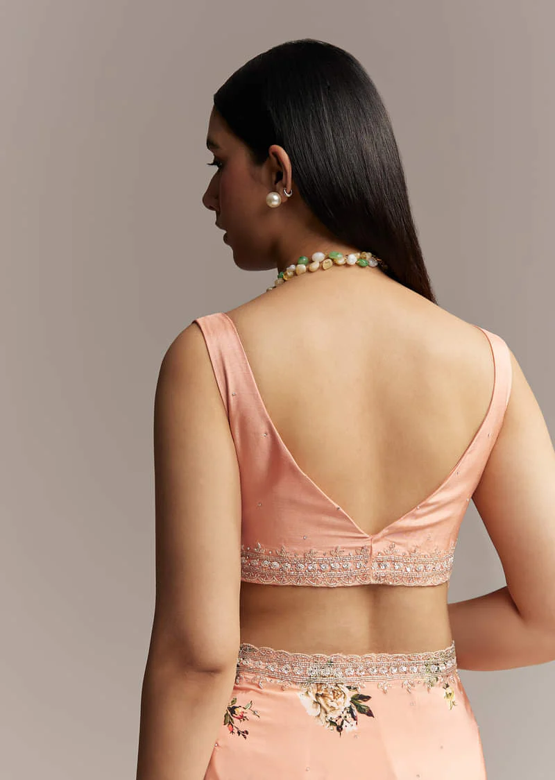 Peach Crepe Saree With Multicolor Floral Print And Embroidered Border - Image 8