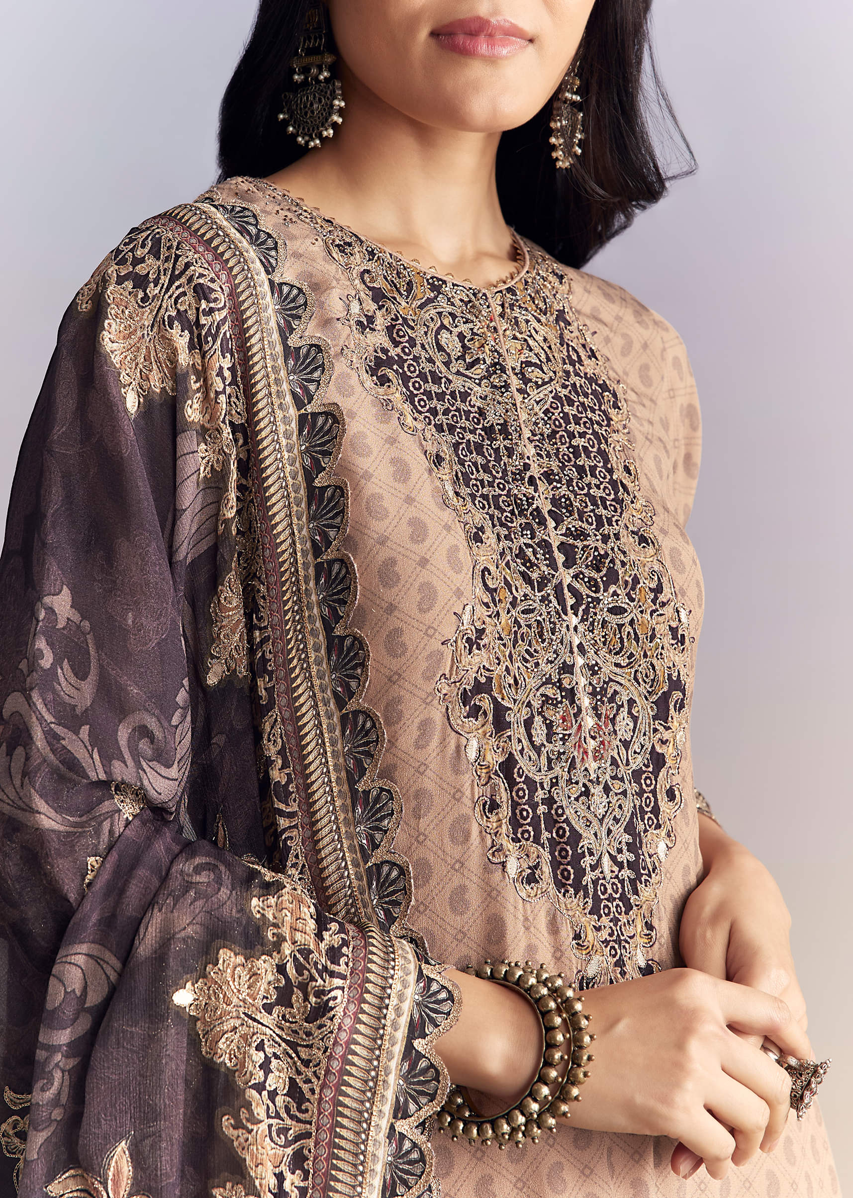 Peach Crepe Sharara Suit With Paisley Print And Zari Work - Image 2
