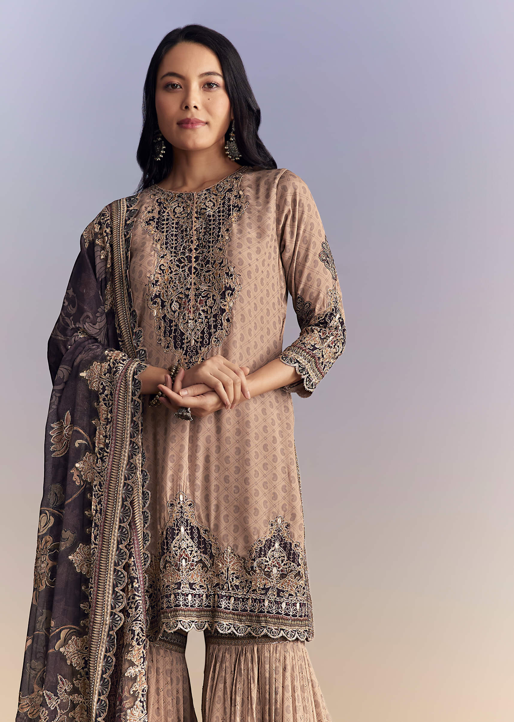 Peach Crepe Sharara Suit With Paisley Print And Zari Work - Image 4