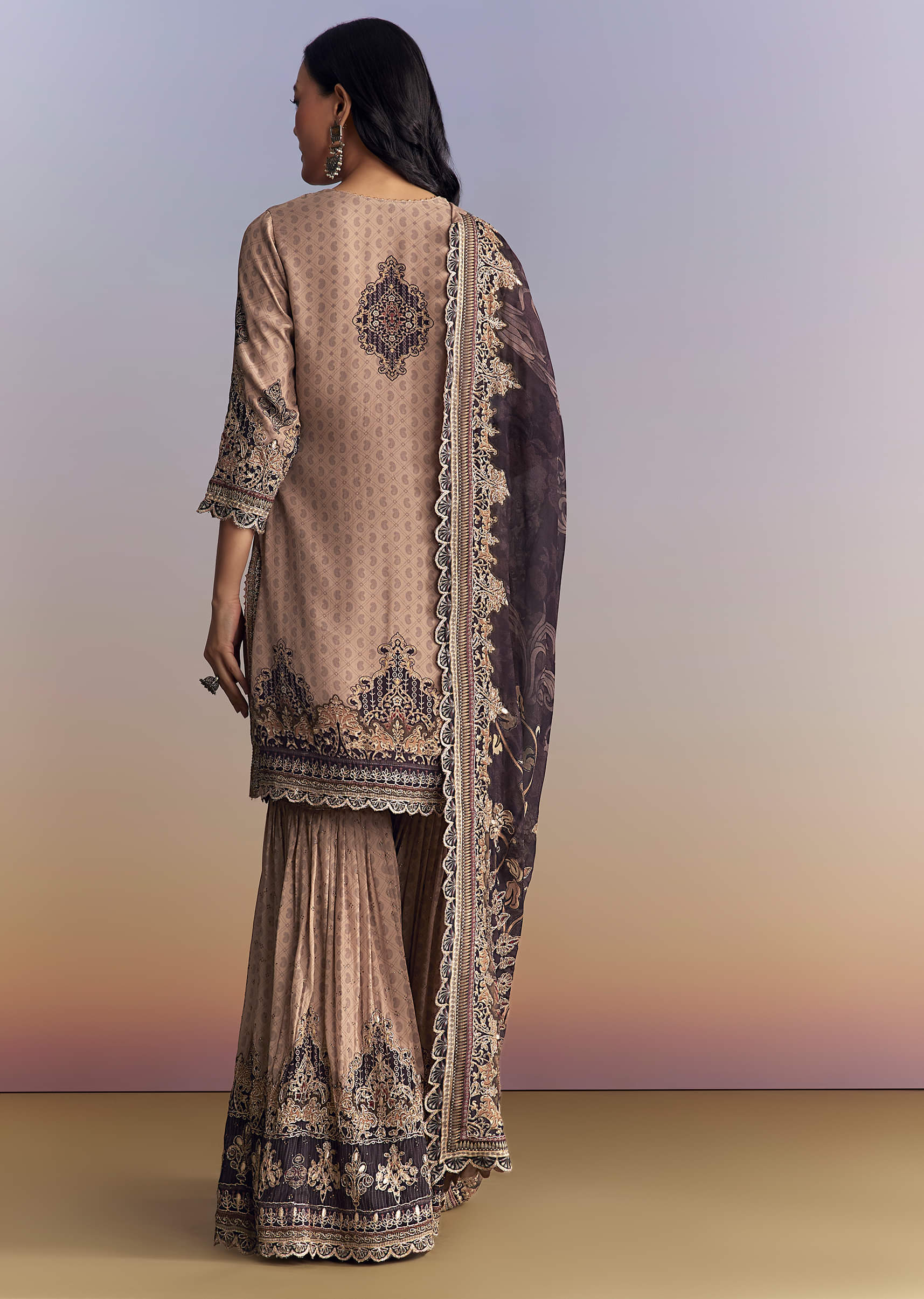 Peach Crepe Sharara Suit With Paisley Print And Zari Work - Image 5