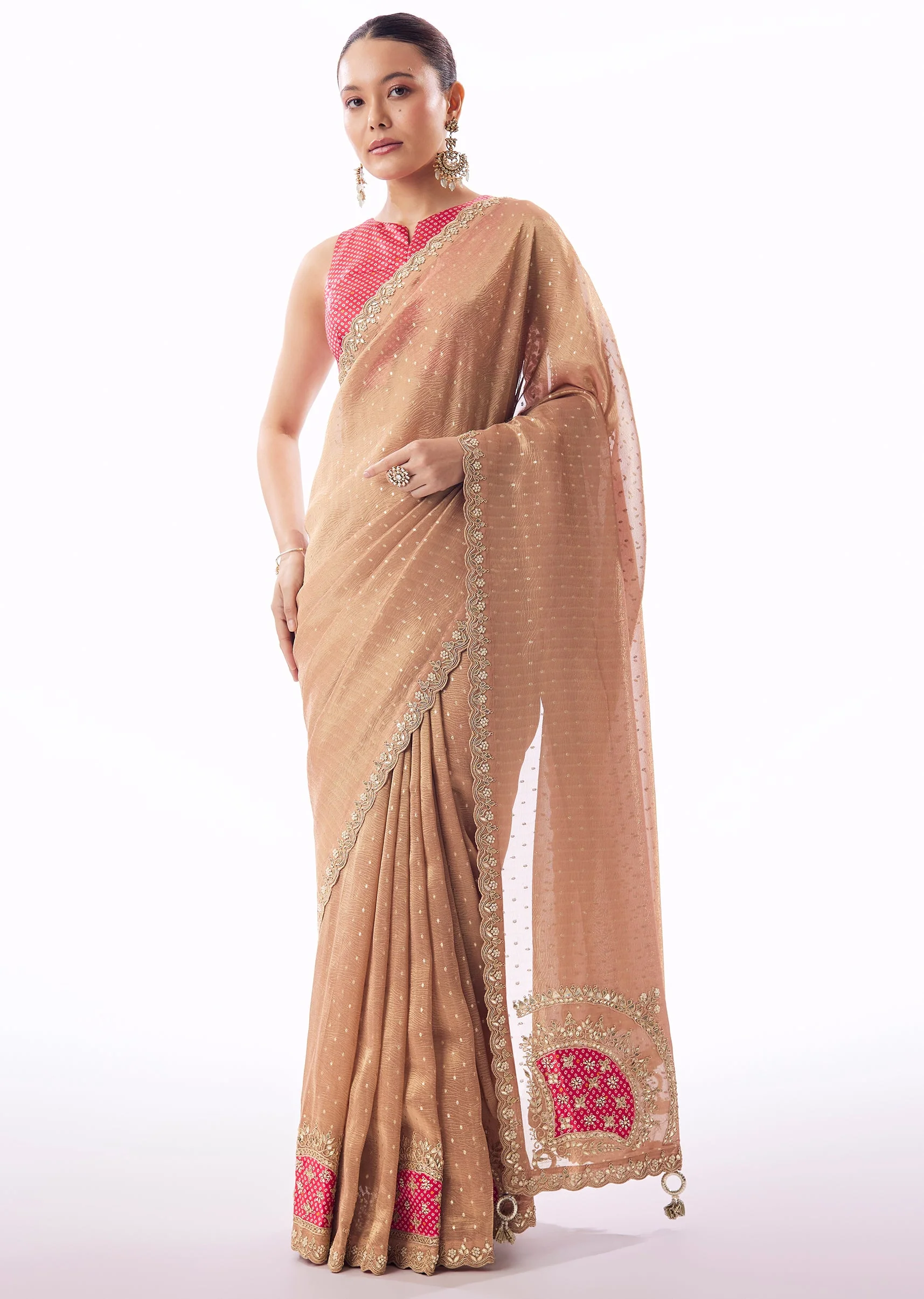 Peach Crushed Tissue Saree With Gota Zari Patchwork And Tassel Detail - Image 3